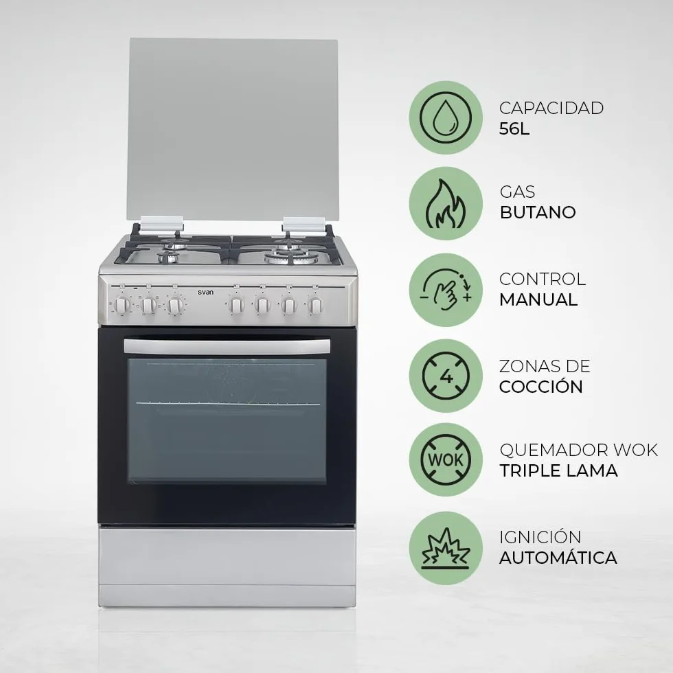 Svan Cocina Mixta gas Butano 4 Zonas Inox SKMW4600X. Quemador WOK triple llama, Kit Conversión Gas Natural, Acabado en Inox