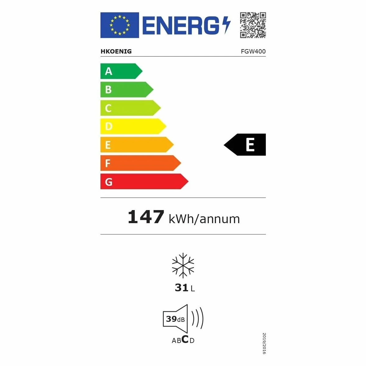 Mini Congelador Vertical, 75 W, Capacidad de 31 Litros, 51 cm de Altura, 2 Compartimientos, Silencioso 40 dB, Blanco. H.Koenig_FGW400