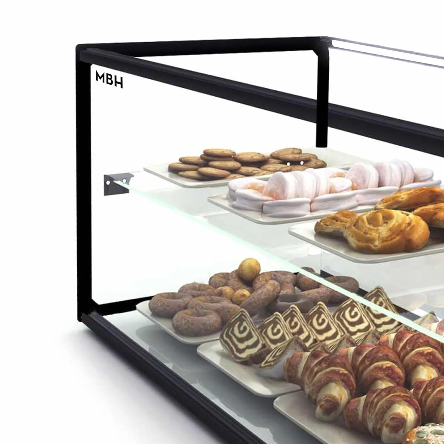 MBH - Vitrina Expositora Neutra de Sobremostrador 92x33 cm, Cristal Recto Templado, 2 Pisos, con Iluminación LED, Puertas Traseras Correderas, para Bar, Cafetería, Restaurante, Bollería y Repostería.