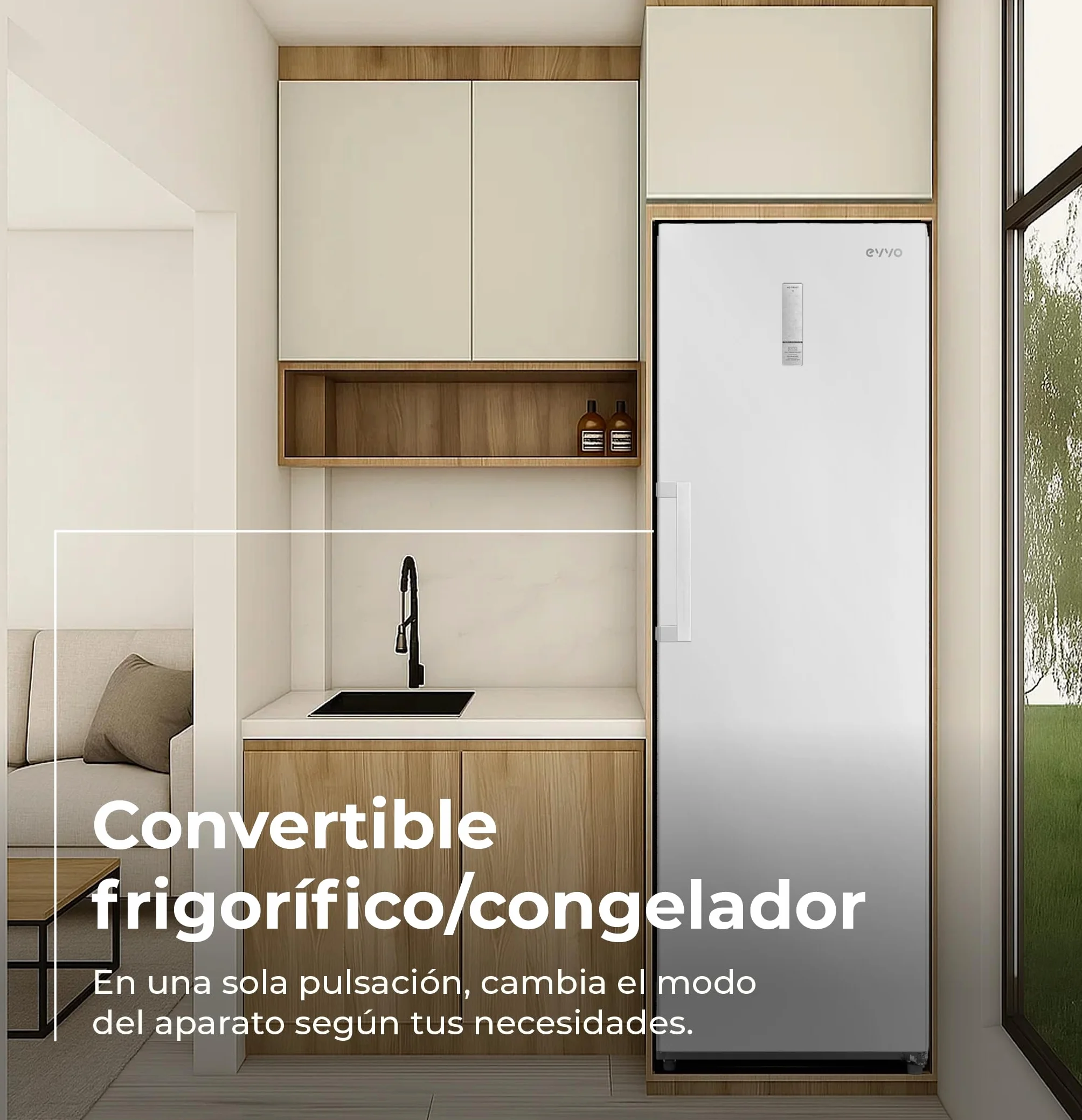 EVVO Congelador Vertical ICE 273 - Arcón Congelador Convertible a Frigorífico, 185cm de Altura, Capacidad de 273 Litros, Alarma Puerta Abierta, Puerta Reversible, Display Frontal, Acabado Blanco