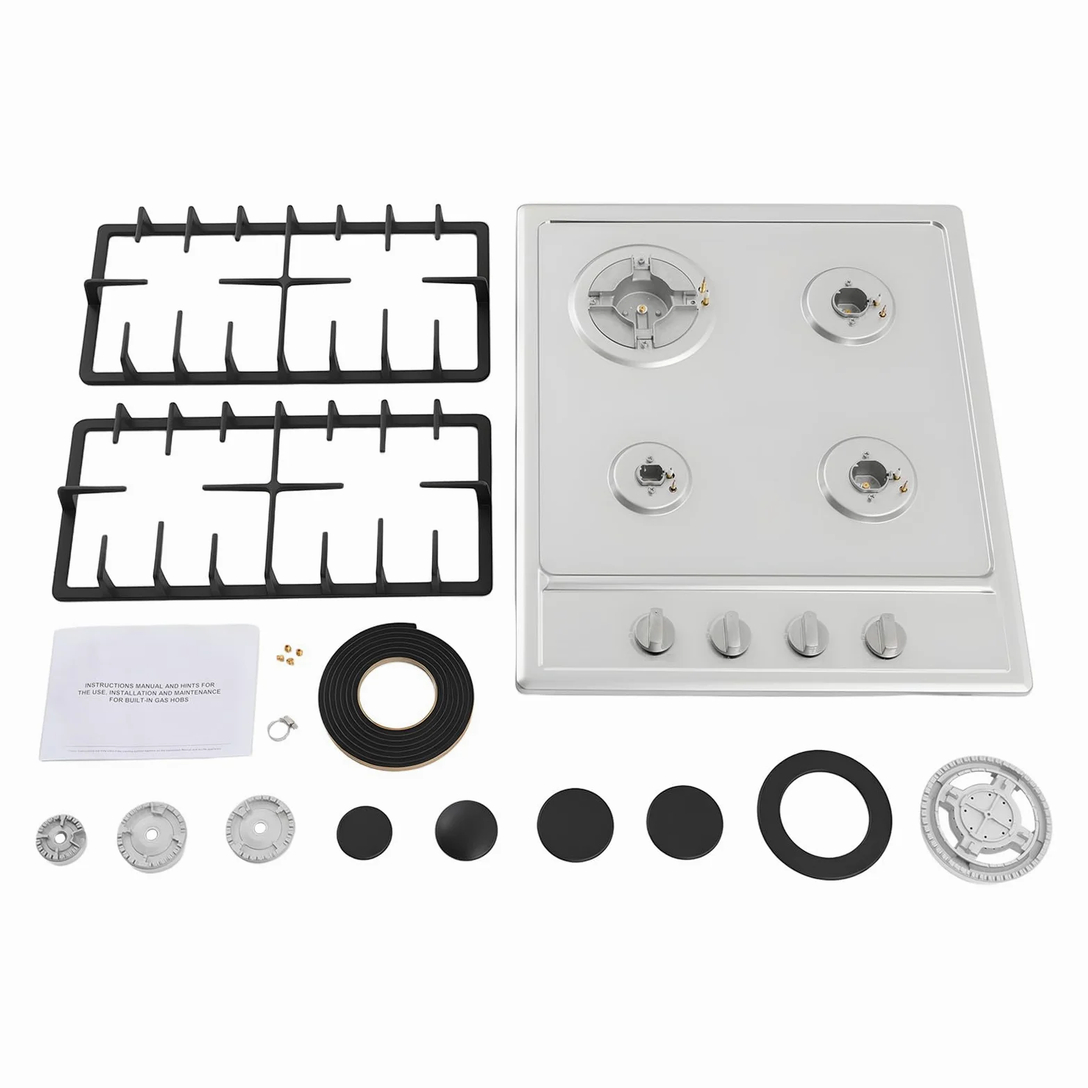 Cocina de gas de 4 fuegos, acero inoxidable, empotrable, gas natural/propano, eficiente y de bajo consumo, 7500 W, 4 zonas de cocción (3000 W + 1750 W + 1750 W + 1000 W), 4 zonas de cocina de