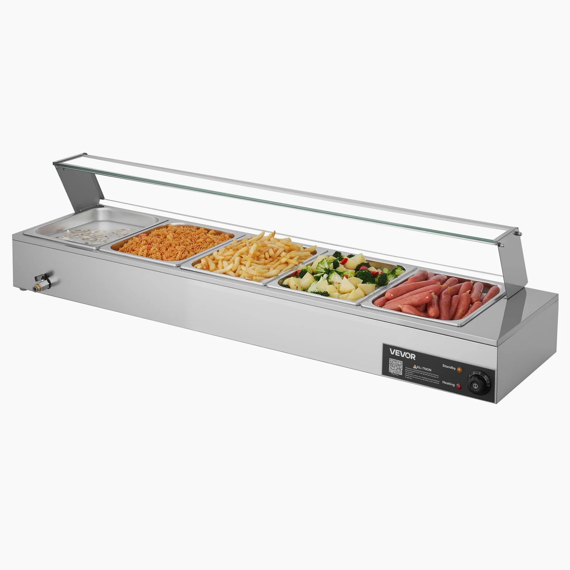 VEVOR Calentador de Alimentos Eléctrica, con Tapa de Vidrio y 5 Recipientes, 1,5 kW, de Acero Inoxidable, con Baño María, para Restaurantes, Fiestas y Bufés, 30-85 ℃, 1450 x 365 x 335 mm, Plata