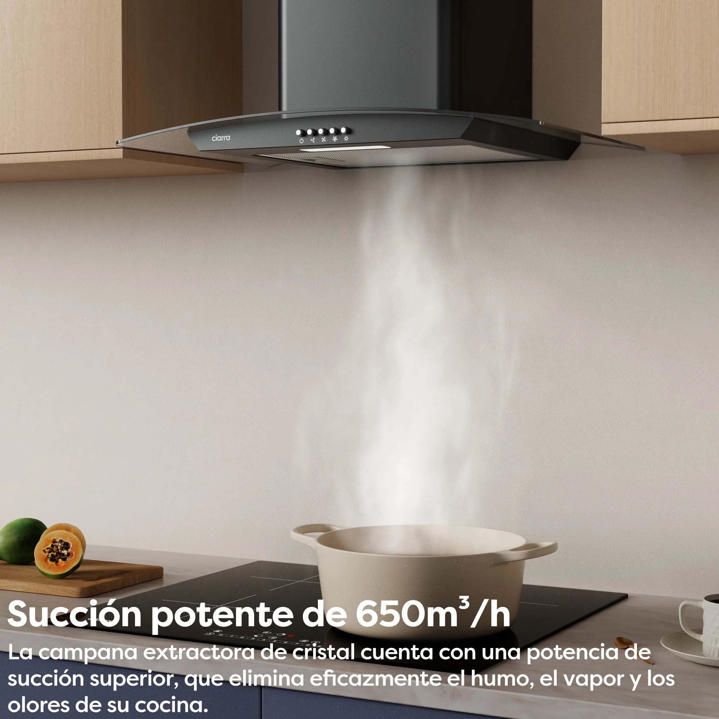 CIARRA CBCB6506B Campana Extractora Cristal 60 cm 650 m³/h Clase Amásmás 3 Velocidades-Evacuación al Exterior y Recirculación Interna por Filtro de Carbón, Negro, CBCF004