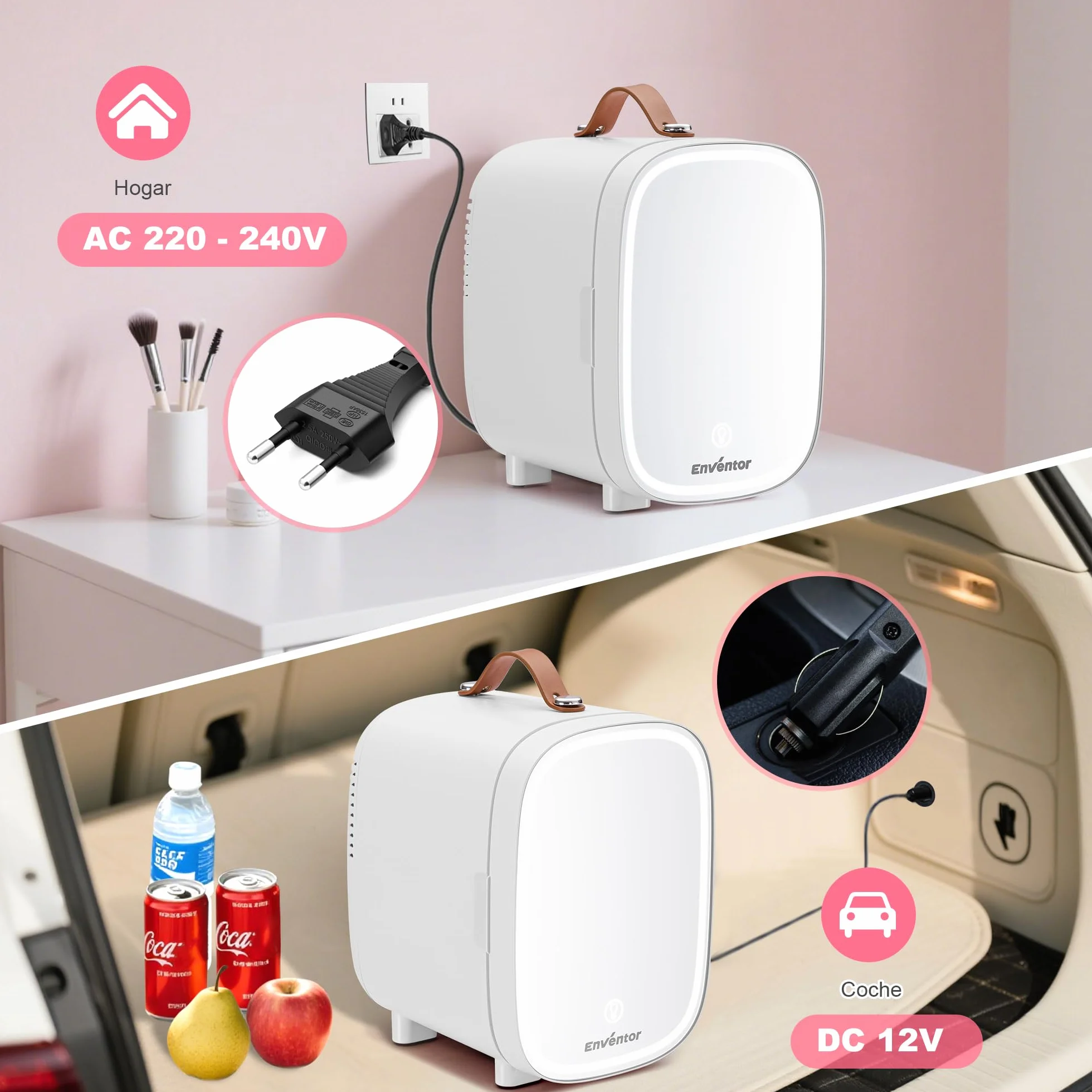 Enventor 4L 6 Latas Nevera Pequeña Blanco, Mini Frigorifico con Enfriador y Calentador, Espejo con Luz LED Regulable, Alimentación Dual, Mini Nevera para Habitacion, Oficina y Coche