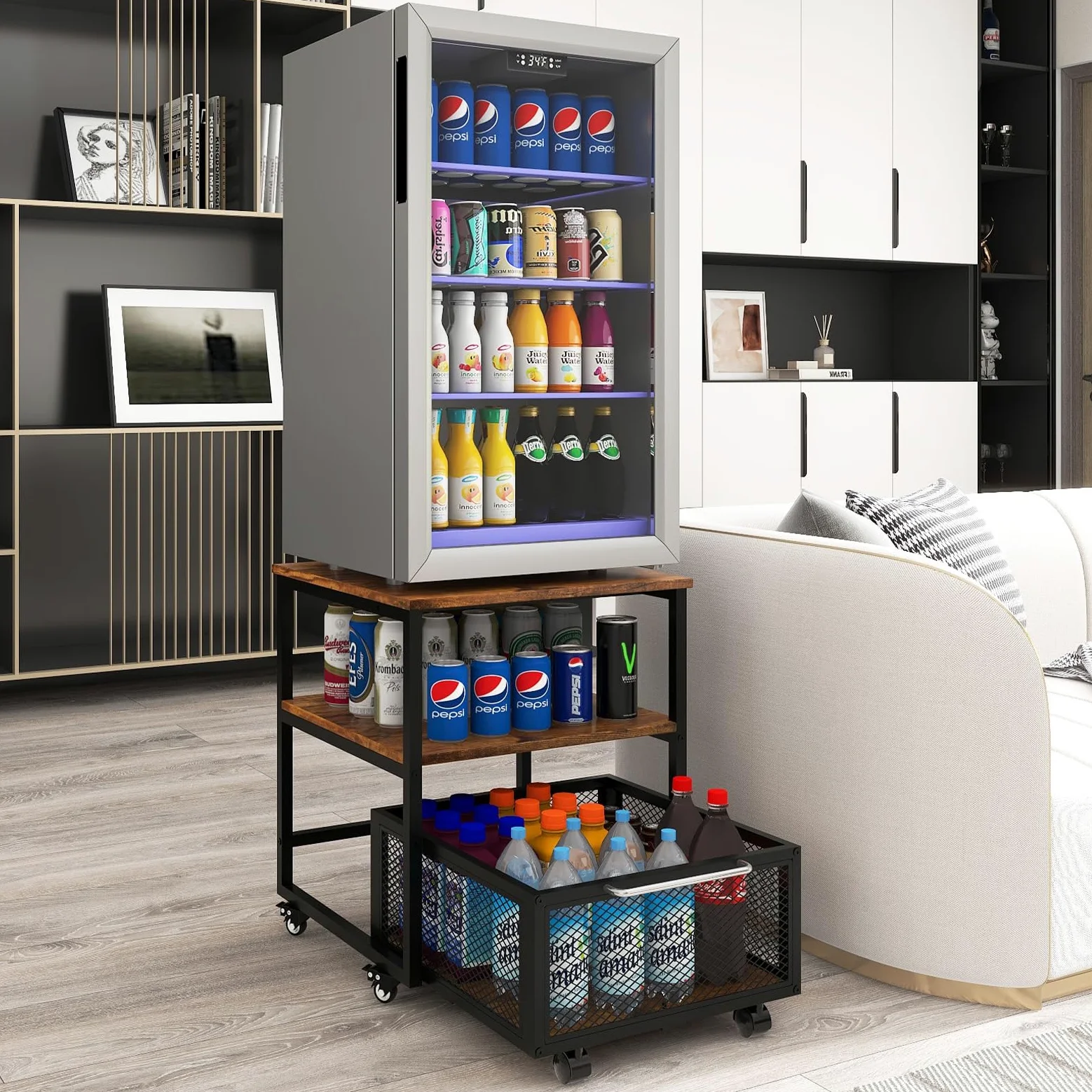 PUNCIA Soporte para Mini Nevera 3 Niveles con Cesta Metálica para Oficina | Mueble Mesa para Frigorífico con Base Móvil para Refrigerador con Ruedas Estante de Almacenamiento con Cajón Cocina Salón