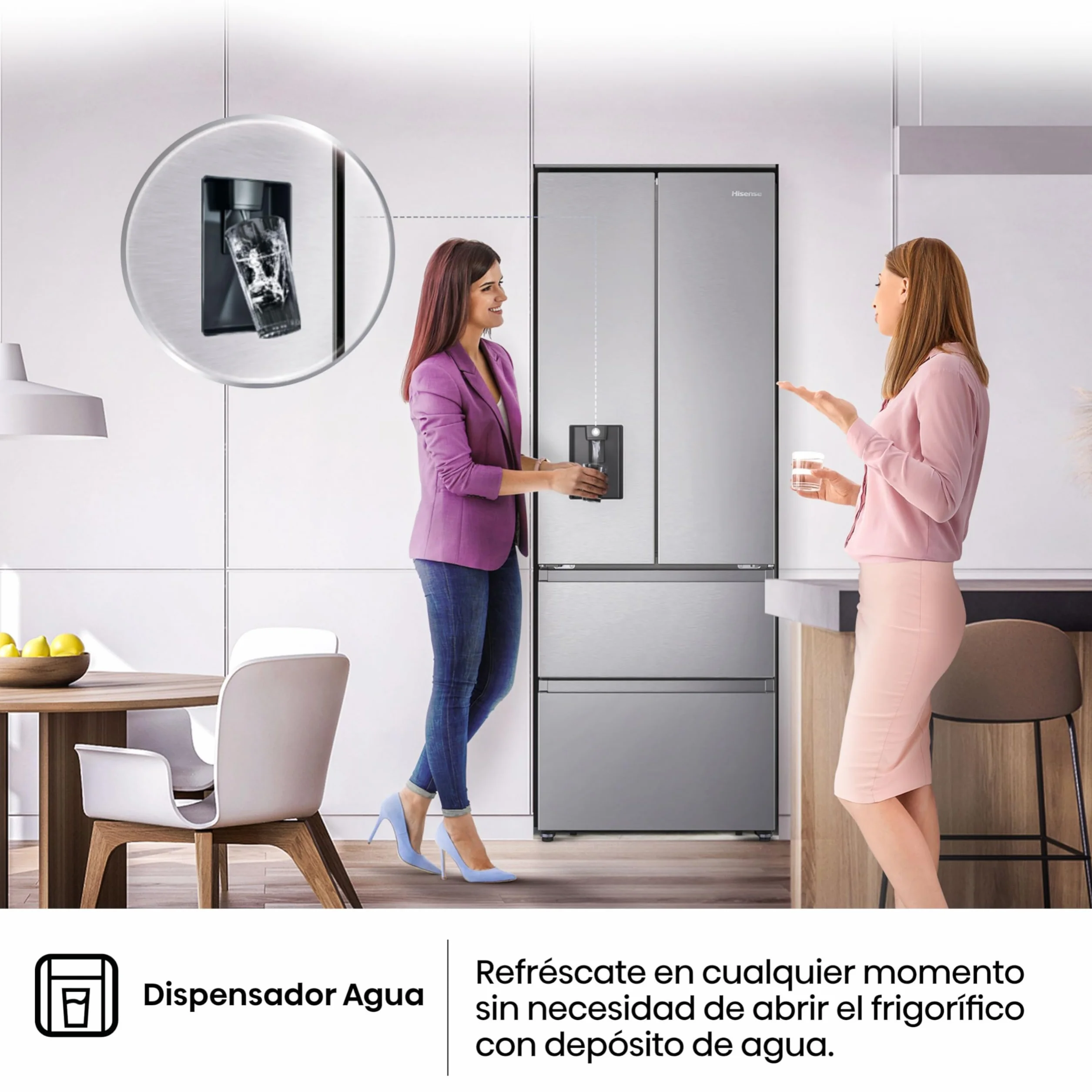 Hisense RF632N4WIE - Frigorífico Combi No Frost Inox Puerta Francesa, Con dispensador, No Frost, 2 Metros,Cajón, 337Litros, Sistema de flujo de aire, Acabado Inox, 485 litros