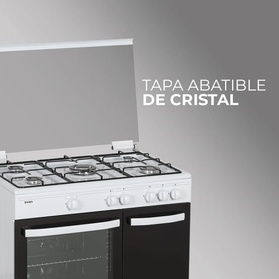 Svan Cocina Gas Butano 5 Zonas de Cocción, Horno 59 L, Blanco SKGW5900PB. Control Manual, Quemador WOK triple llama, 2 Programas de Cocción, Cristal en Puerta de Doble Capa, Tapa Abatible