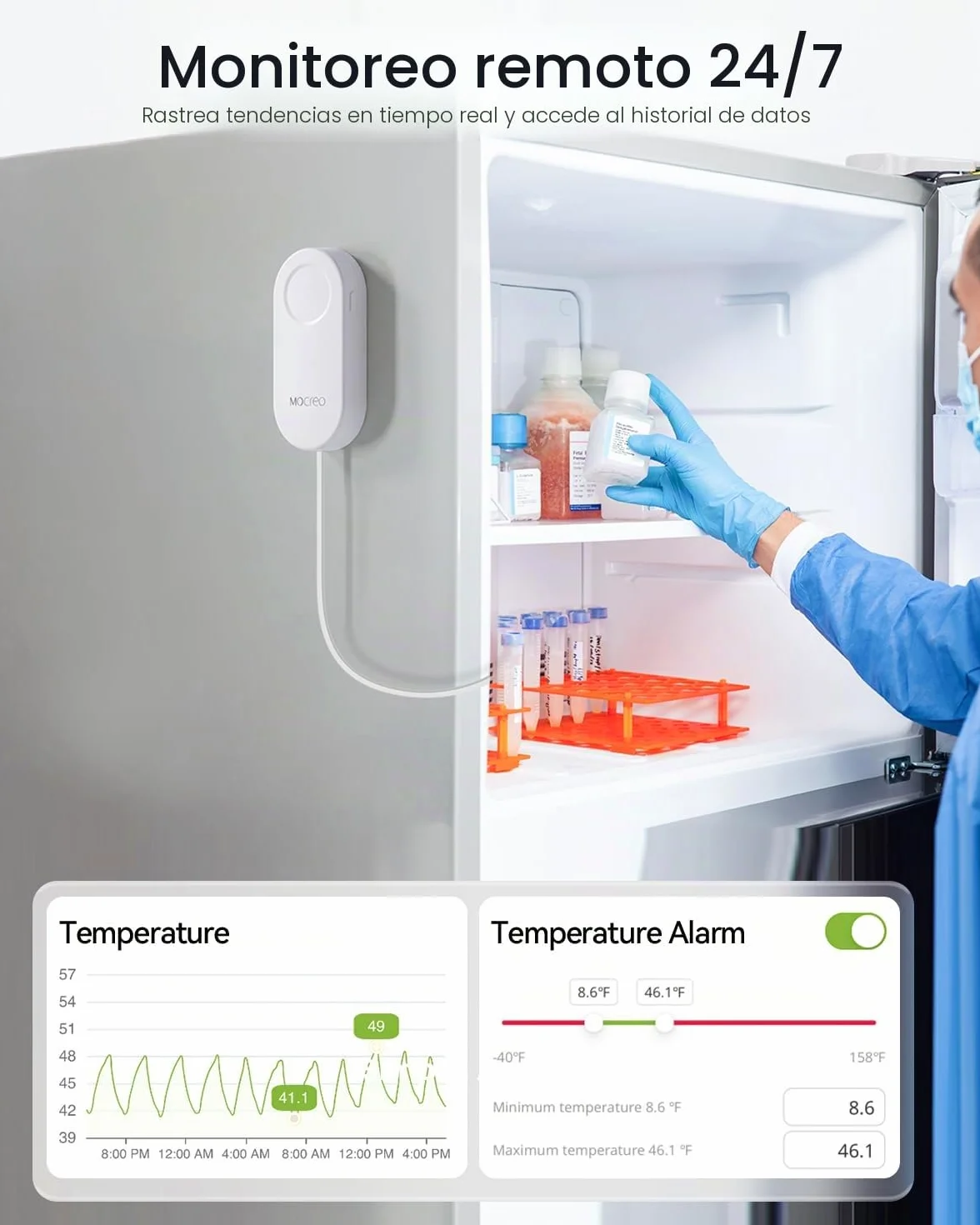MOCREO Termómetro WiFi para congelador, alerta por correo electrónico, notificación de aplicación, exportación de registros de datos, sin tarifa de suscripción, sensor de temperatura inalámbrico