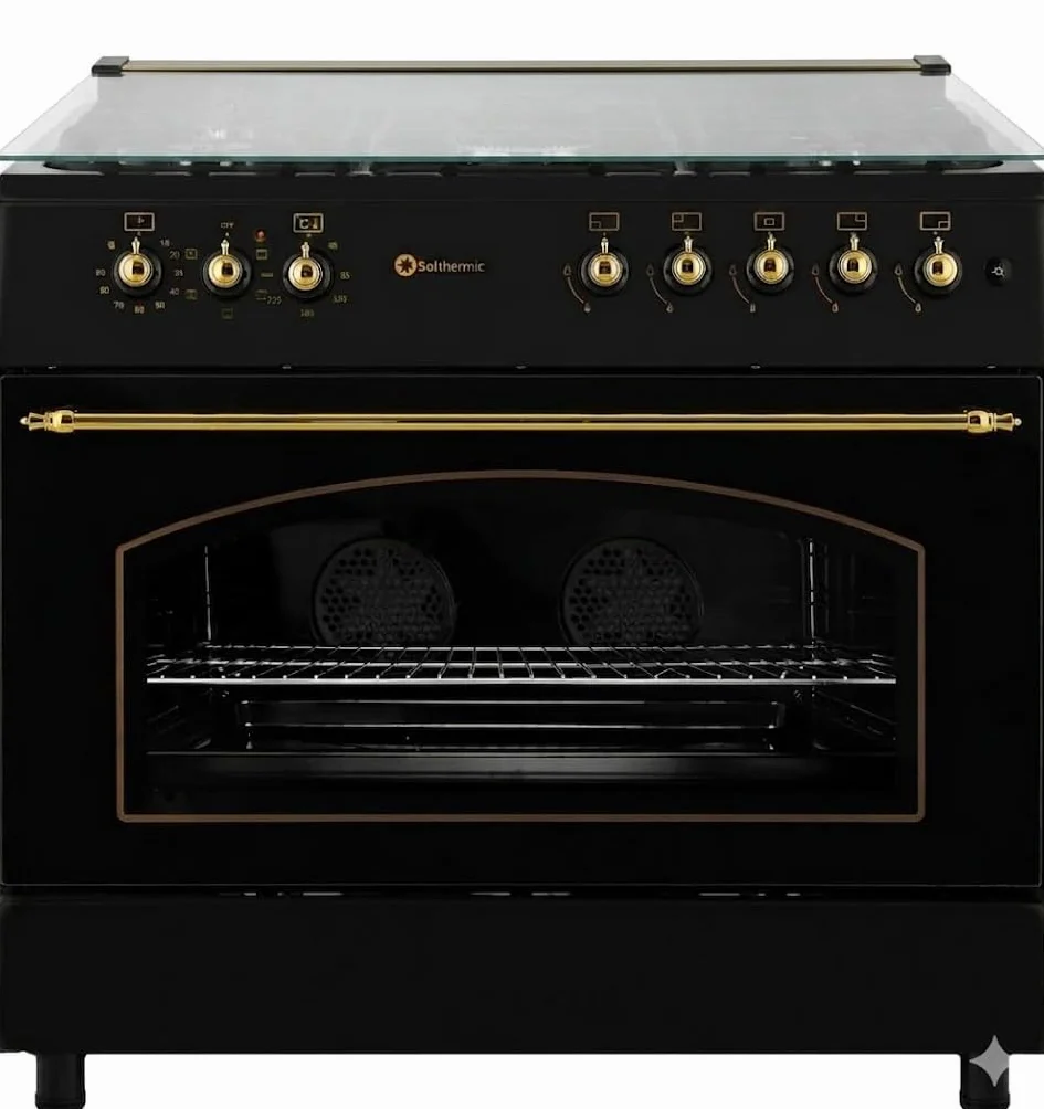 SOLTHERMIC F9L50E5R COCINA GAS CON HORNO ELECTRICO NEGRA RUSTICA CON MANDOS DORADOS/ANCHO 90 CMS / 5 FUEGOS/HORNO PANORAMICO 115 L. / GAS BUTANO Y GAS CIUDAD/ENTREGA A DOMICILIO