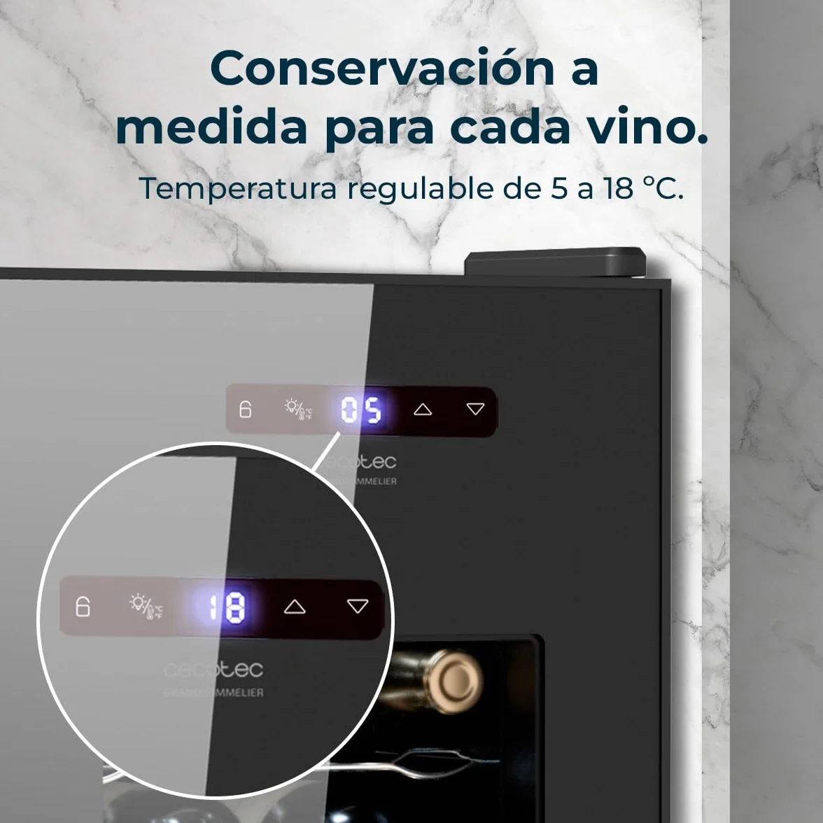 Cecotec Vinoteca Bolero GrandSommelier 1550 CoolCrystal. Bodega para 15 botellas, temperatura ajustable de 5-18ºC, enfriamiento termoeléctrico, silenciosa con 35 dB, panel táctil y LED eco-friendly.