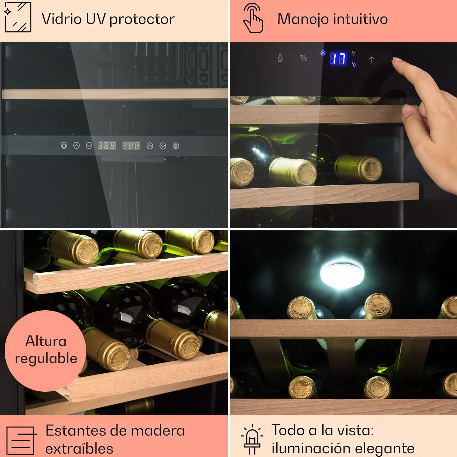 KLARSTEIN Vinoteca 19 Botellas, Nevera Vinos, Una Zona de Refrigeración, Nevera Expositora Vino y Cerveza, Vinoteca Interior y Exterior con Puerta de Cristal, Nevera Vino con Protección UV, 4-18°C