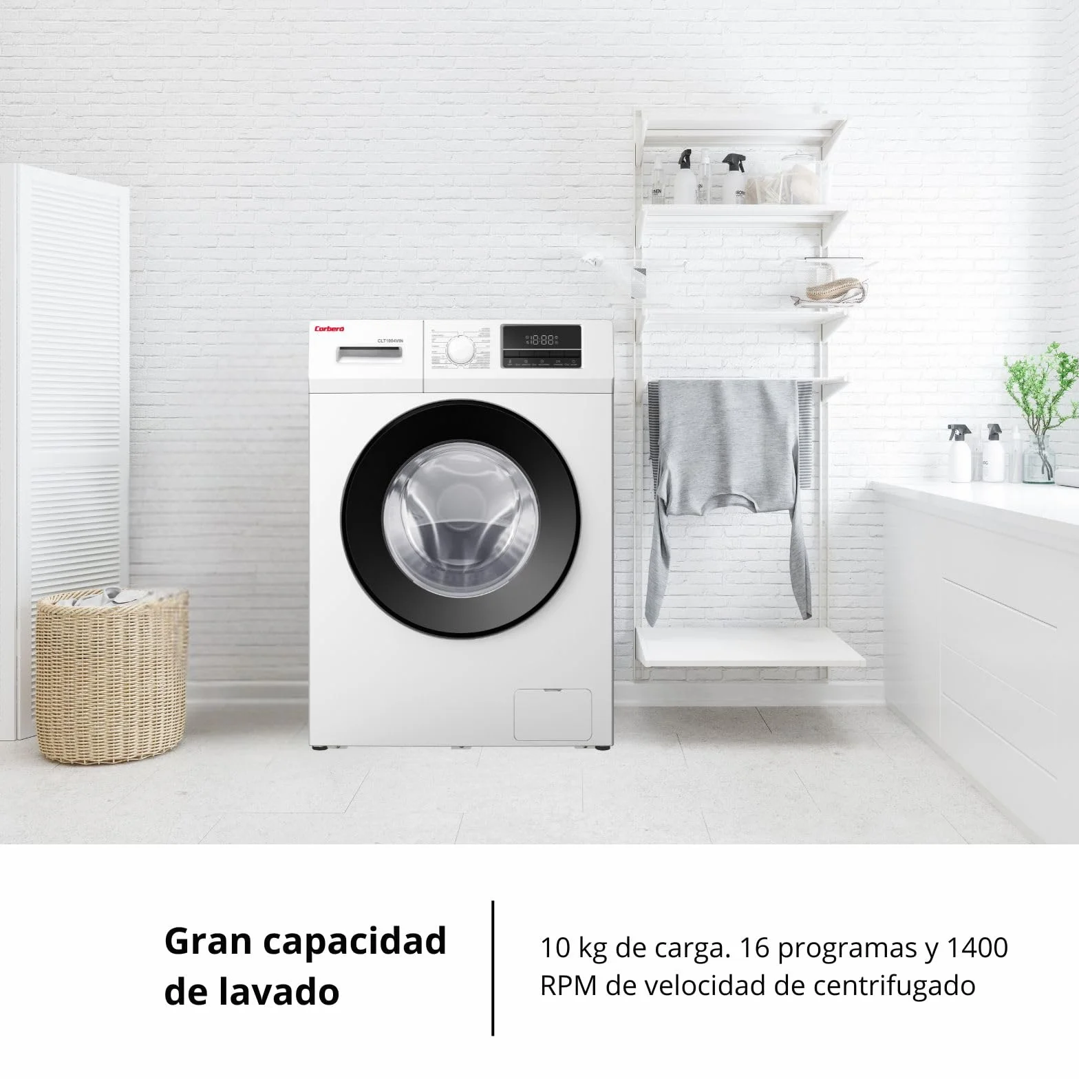 Corbero - Lavadora Carga Frontal Premium10 Kg | CLT1004VIN |1400 Rpm Motor Inverter | 16 Programas con Vapor | Inicio diferido 3-24 Horas | Lavado Rápido | Puerta XXL | E.Energética A | Blanco