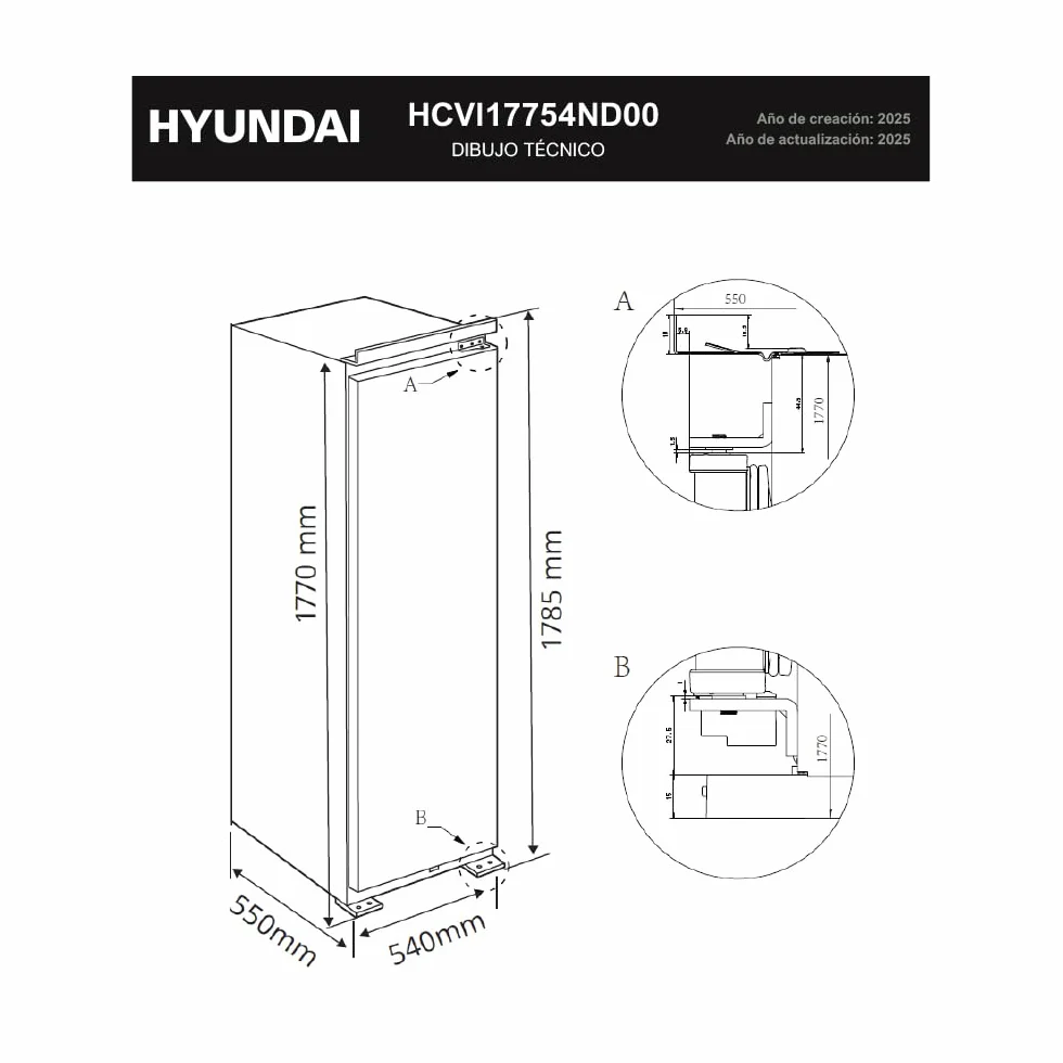 Hyundai Congelador Vertical Blanco HCVI17754ND00. Capacidad 212 Litros, Puerta Reversible, Bajo Nivel Sonoro, Eficiencia Energética Clase D