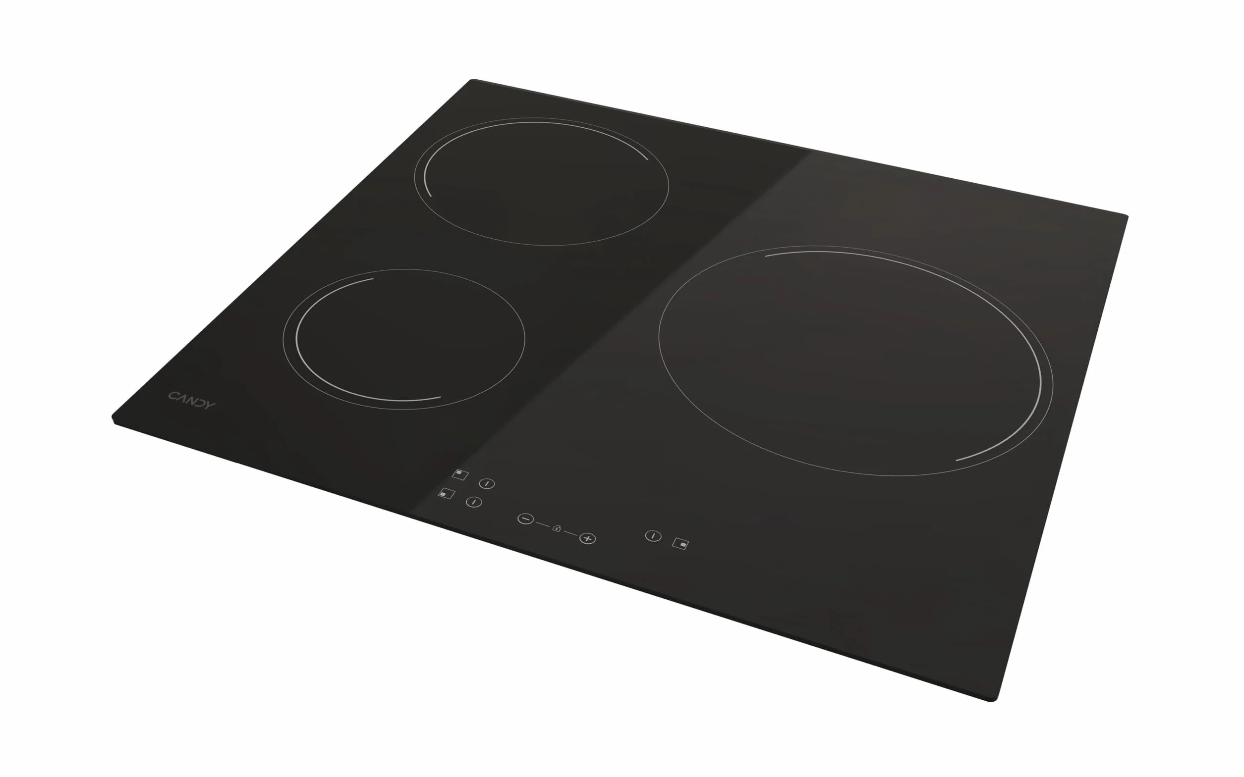 Candy Timeless CH63CC, Vitrocerámica, Tres Zonas, Fuego Grande 25CM, Ancho 59CM, 10 Niveles de Potencia, 5500W, Mandos Centrales, Bloqueo Seguridad, Alerta Sobrecalentamiento y Derrames, Negro