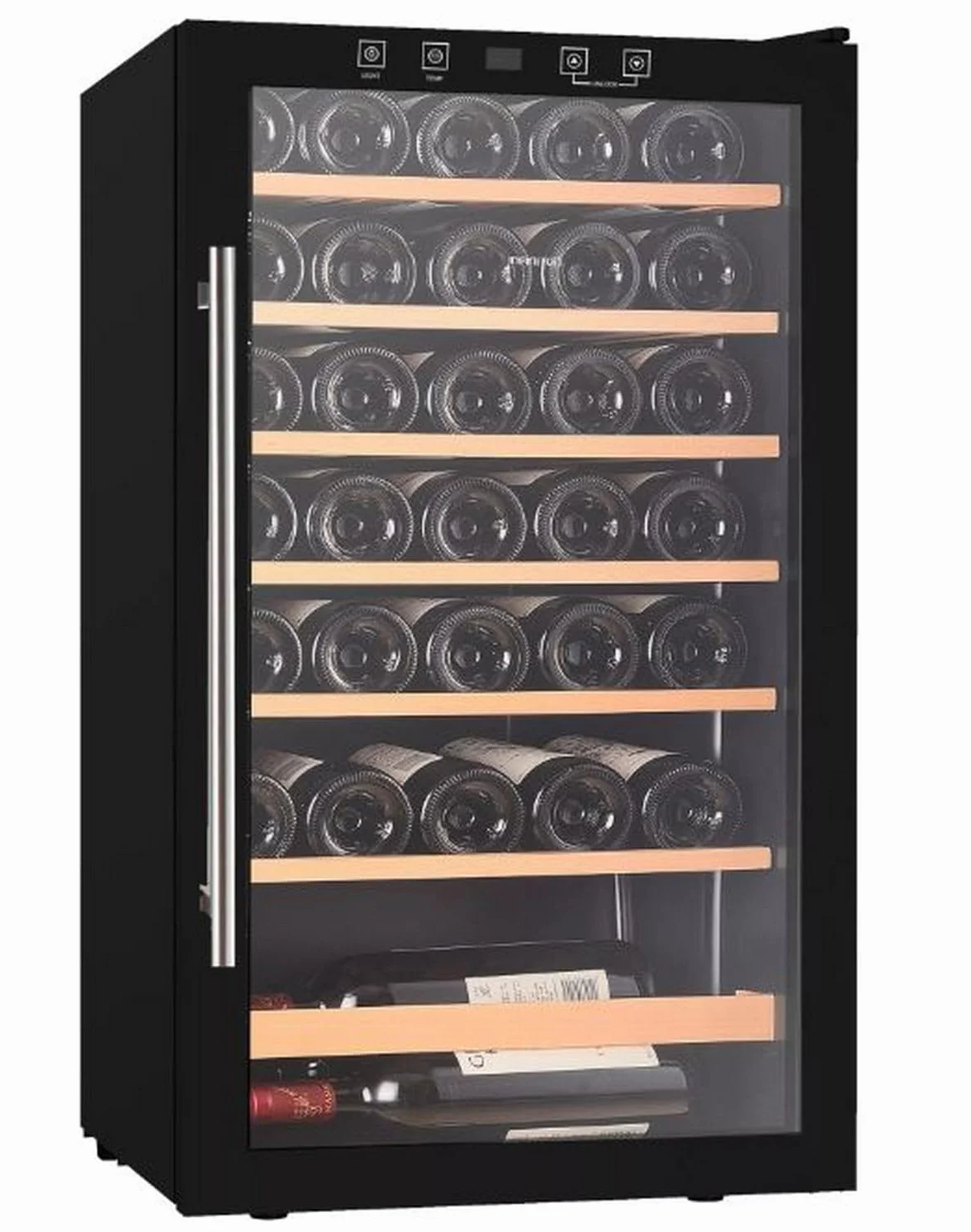 INFINITON Vinoteca WFL-34C, 34 Botellas, Luz LED en el interior, Sistema de enfriamiento No frost, Acabado exterior Crystal BLACK, Tirador exterior de acero inoxidable, G