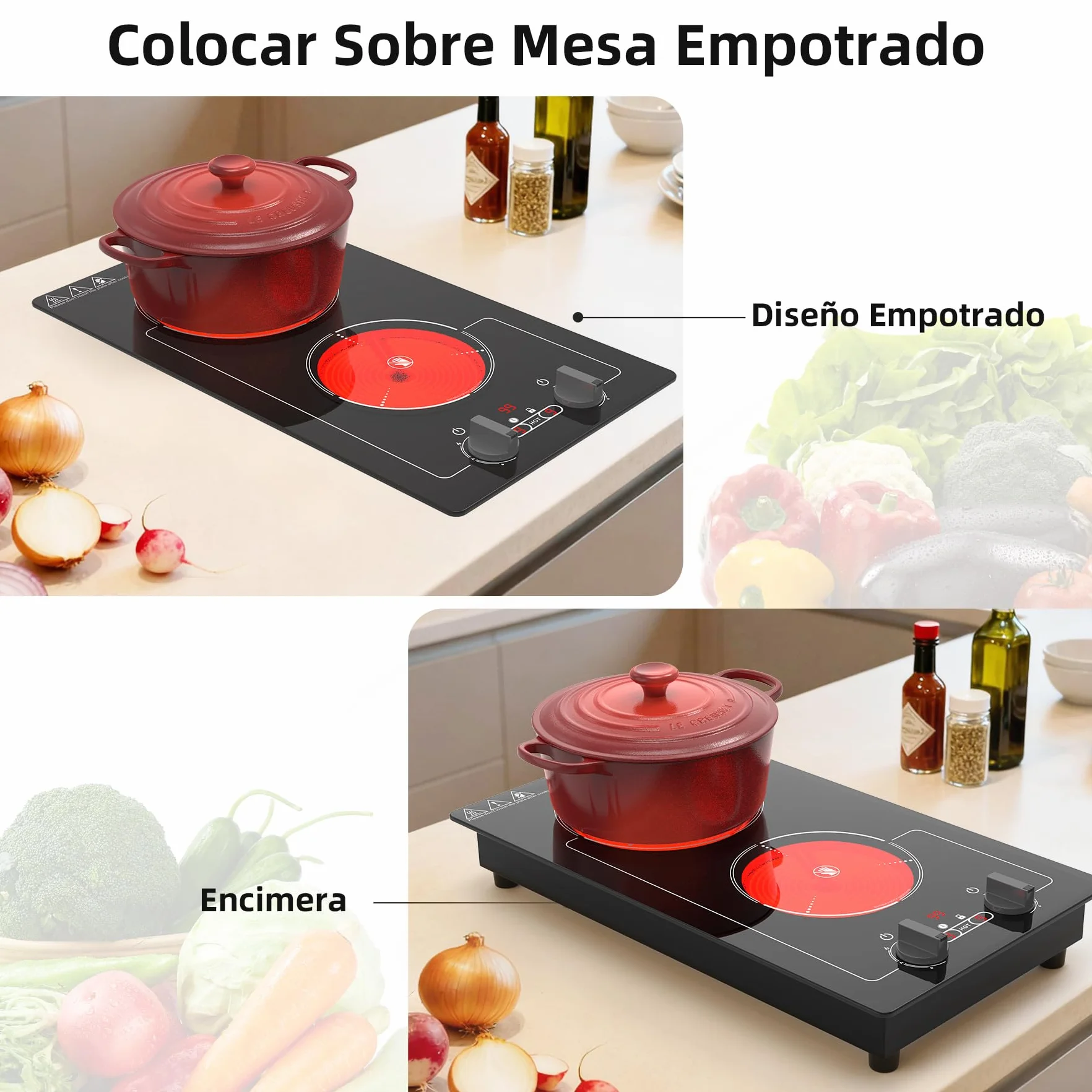 Placa Vitroceramica 2 Fuegos 220V 3000W Portatil con Enchufe, 9 Niveles, Bloqueo Infantil, Temporizador
