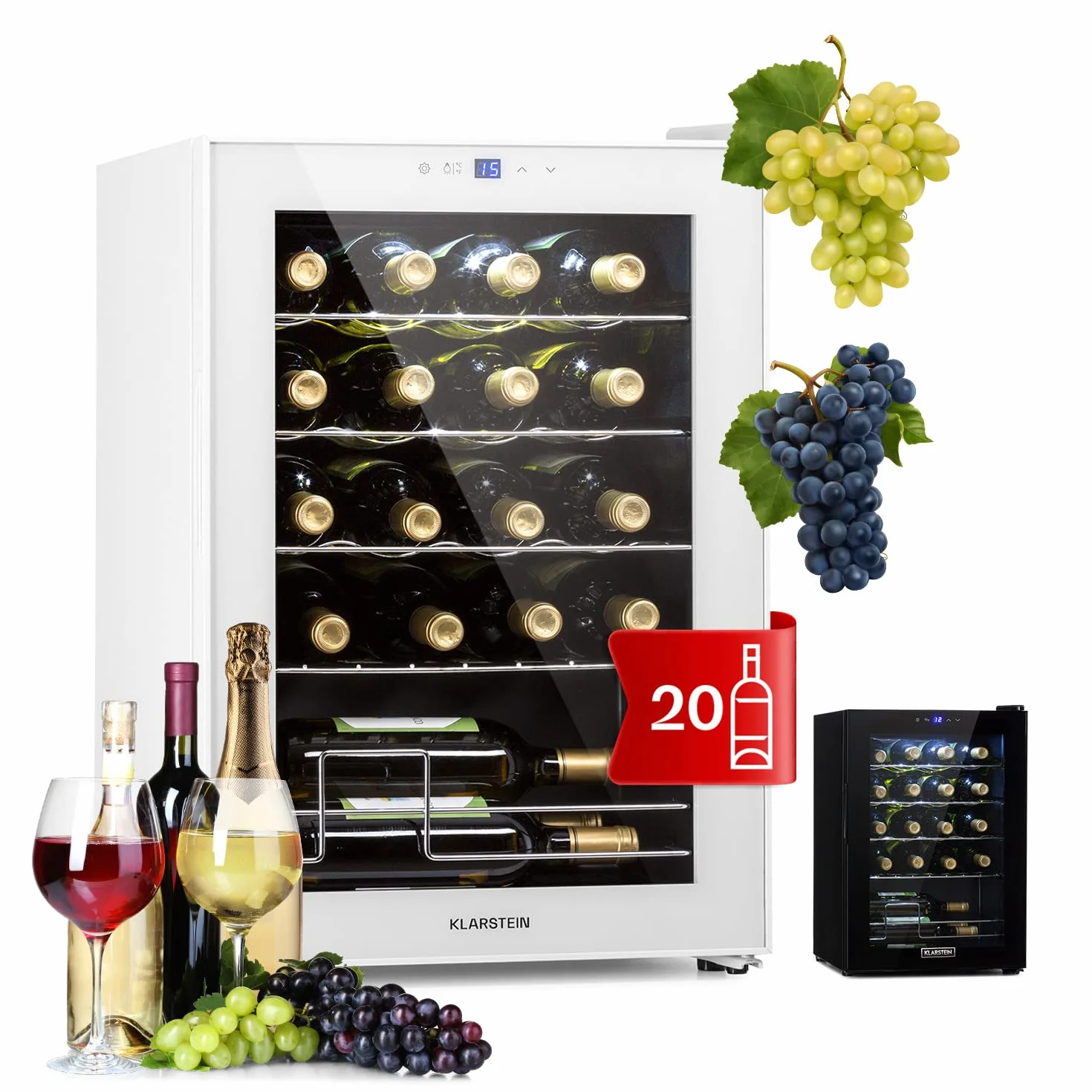 KLARSTEIN Vinoteca para Vinos de 53L Nevera Vino Una Zona, Botellas Vino, Proseco y Cervezas, Vinoteca Pequeña Puerta Cristal para Interior y Exterior, Nevera para Vinos Capacidad 20 Botellas