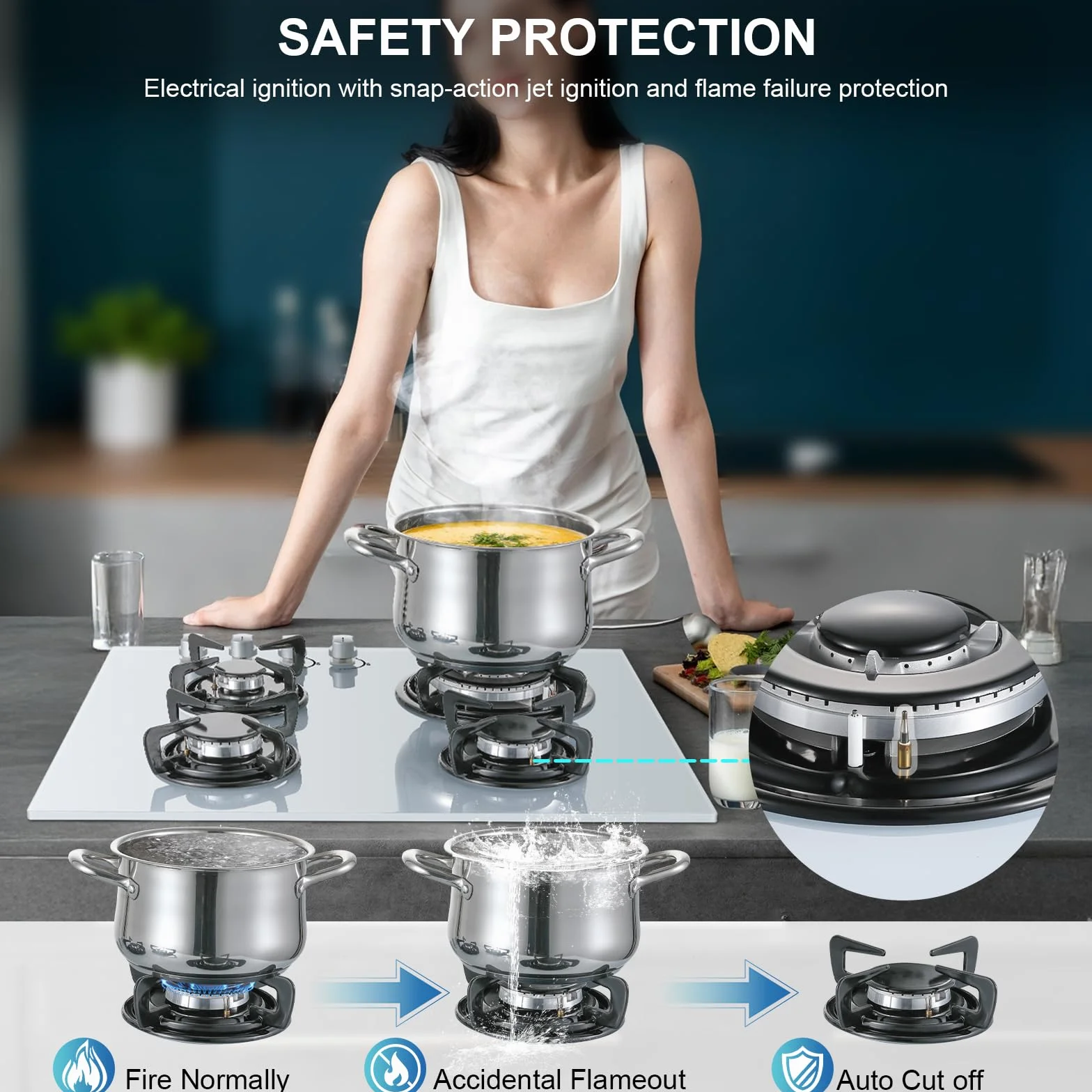 TopStrong - Placa de cocina con 4 fuegos de gas, de cristal, empotrable, color blanco, con protección Flame-Out, gas natural/propano, 8060 W, 220-240 V