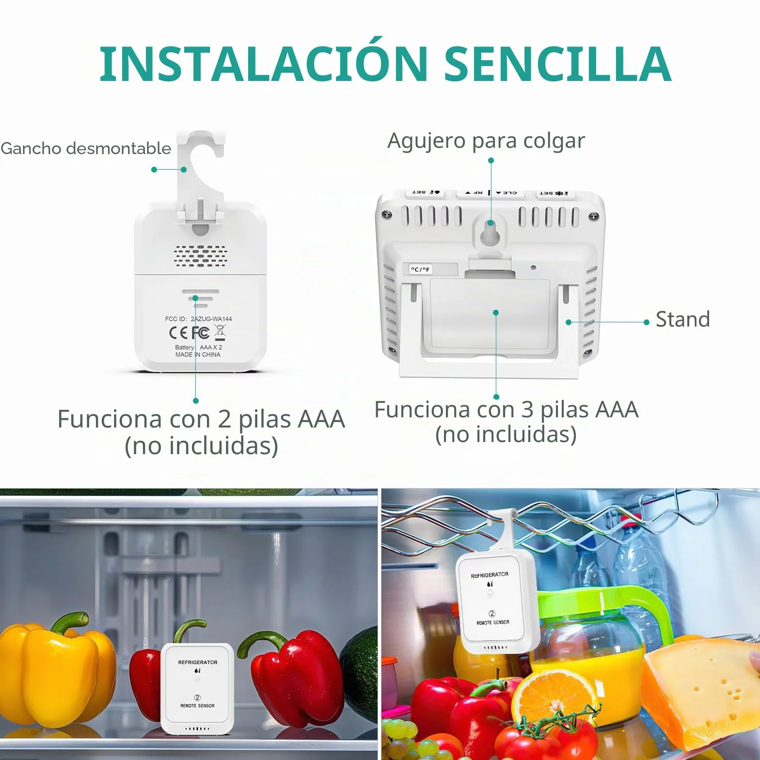 ORIA Termómetro Digital para Congelador, Termómetro para Nevera con 2 Sensores Inalámbricos, Pantalla LCD de 3,7", ℃/℉, Registro Min/Max, 2 Opciones de Montaje para Hogar y Restaurantes