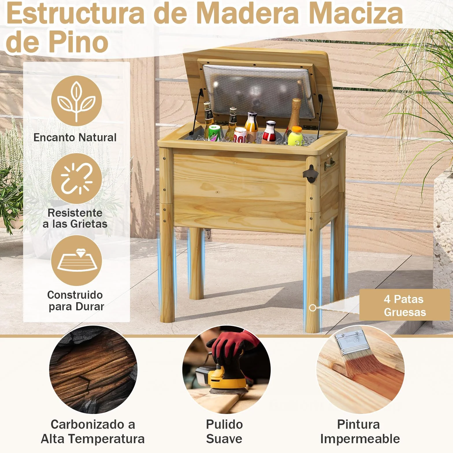 GOPLUS Nevera de Madera para Patio, Refrigerador de Bebidas de 51 L con Asas y Abridor de Botellas, Nevera de Hielo al Aire Libre para Fiesta, Patio, Junto a la Piscina y Barbacoa, Marrón Rústico