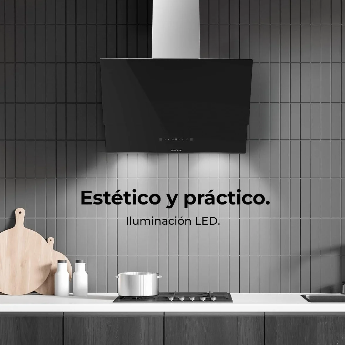 Cecotec Campana Extractora Decorativa 60 cm Bolero Flux DT 608001 Glass Black A++, 210W, Iluminación LED, Succión 800m3/h, Control Táctil, 3 Niveles, Filtro Carbono, Hand Movement, Delay Function