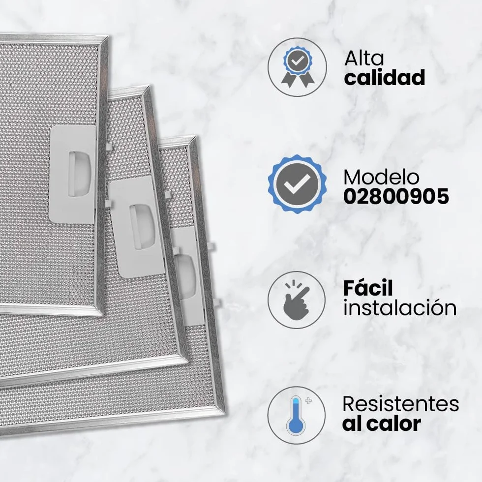 Pack 3 Filtros para Campana Extractora de Cocina | 02800905 | Compatible con Cata, Apelson y Nodor | de Aluminio Resistente | 320x260mm | Color Plata (3 unidades)