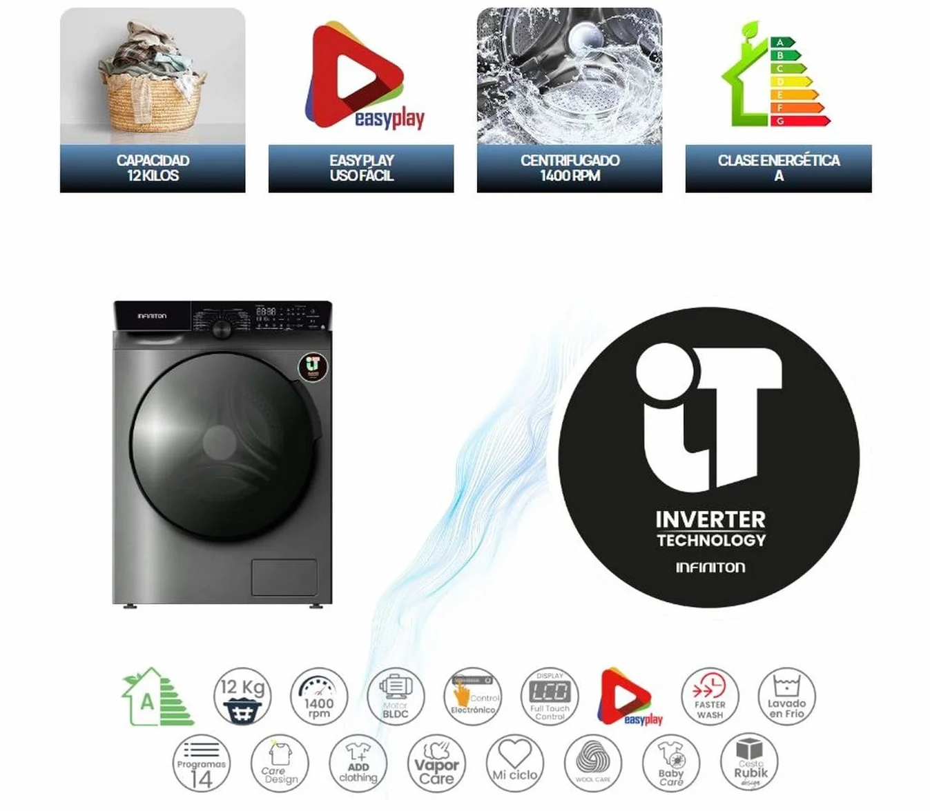 INFINITON Lavadora Carga Frontal WM-G124ADX, 12 kg, 1400 rpm, INVERTER, VAPOR CARE,ADD CLOTHING, 14 Programas, A, Silent mode, Inox