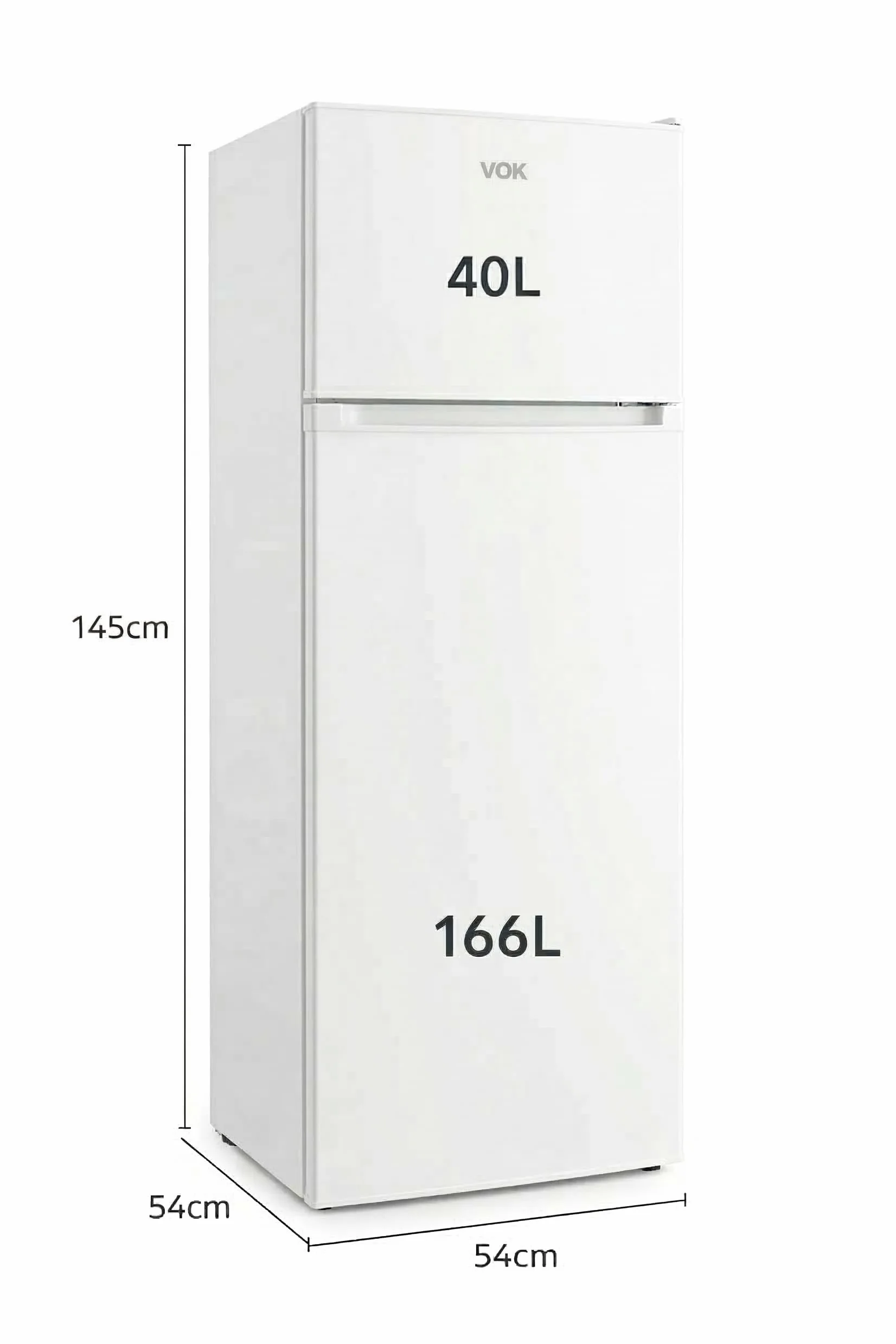 VOK Frigorífico Combi 2 Puertas EVR-206DEW 206L, Al 145cm x An 54cm, Clase E, Puertas Reversibles, Bajo Nivel Sonoro 39 dB, Estantes de Cristal, Blanco