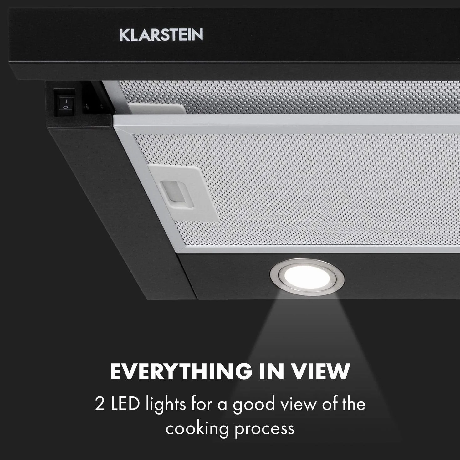 Klarstein Mariana - Extractor de humos plano extraíble, Extracción máx. 500 m³/h, Apto para ventilación y extracción, Potencia 150 W, Iluminación LED, Para montar bajo los muebles, 60 cm, Negro