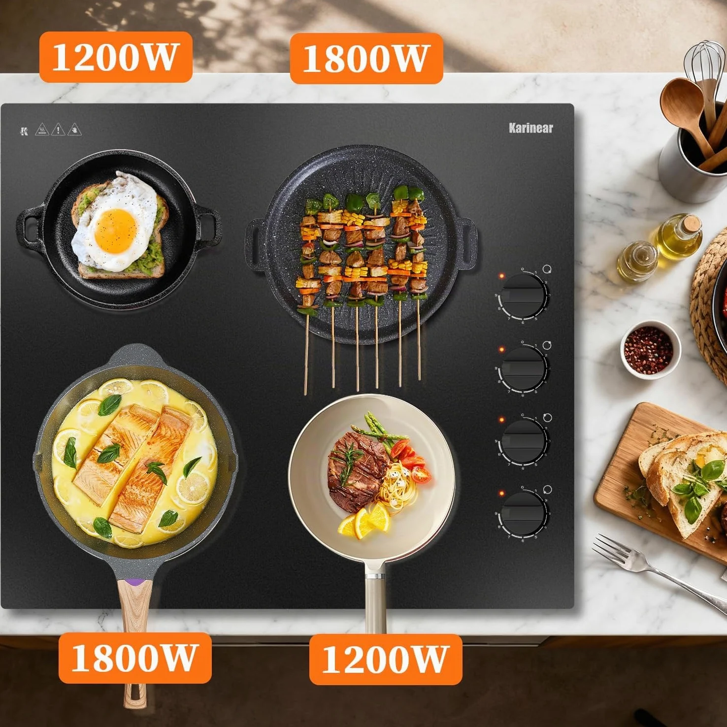 Karinear Placa Vitroceramica 4 Fuegos 60 CM con Mandos Manuales, 6000W | 9 Niveles de Potencia, 4 Placas con Niveles de Potencia, Compatibilidad Universal de Ollas, Apagado Automático, sin Enchufe