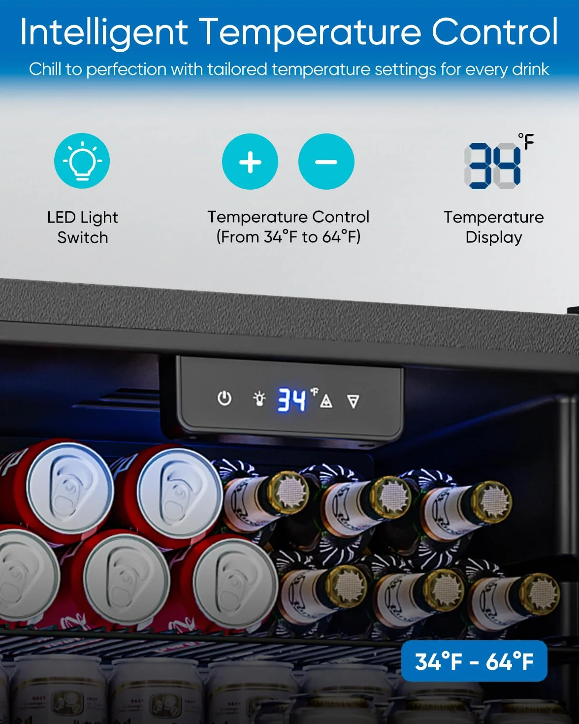 Feelfunn - Refrigerador y enfriador de bebidas, 126 latas, mini puerta de vidrio para refrescos, cerveza, vino, nevera de bebidas no empotrado para el hogar, oficina, bar, 4 estantes ajustables, 3.2