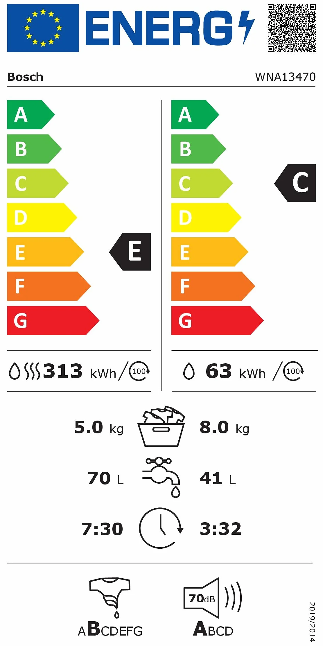 Bosch WNA13470 Serie 4 Lavadora Secadora, 8 kg de lavado y 5 kg de secado, 1400 rpm, secado óptimo Autodry, motor silencioso y eficiente EcoSilence Drive, lavado y secado de 60 pulgadas en 60 minutos