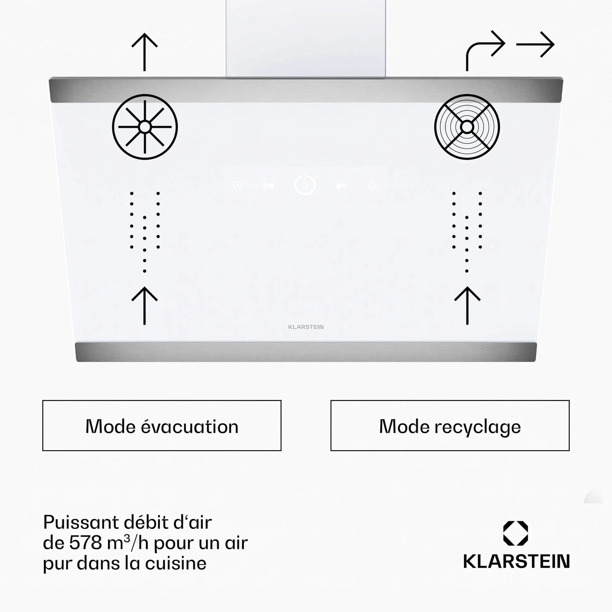 Klarstein FlashLine Campana extractora - 60cm campana cocina decorativa, pantalla táctil, 578 m³/h, a++ eficiencia energética, iluminación led, silenciosa 34,5 db, blanca, conductos & recirculación