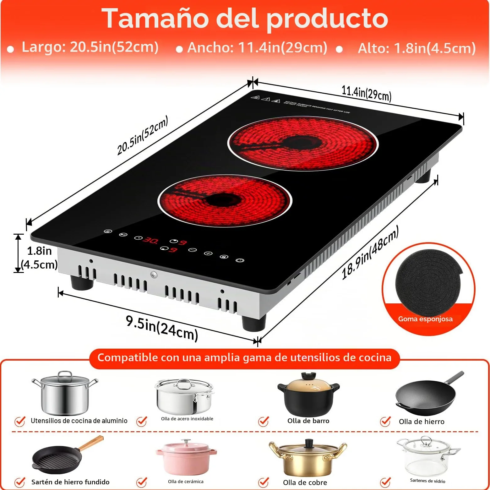 Placa Vitrocerámica 2 Fuegos, 3000W Vitroceramica con Controles táctiles y 9 Niveles de Potencia, Sistema Keep warm, Control Seguridad niños