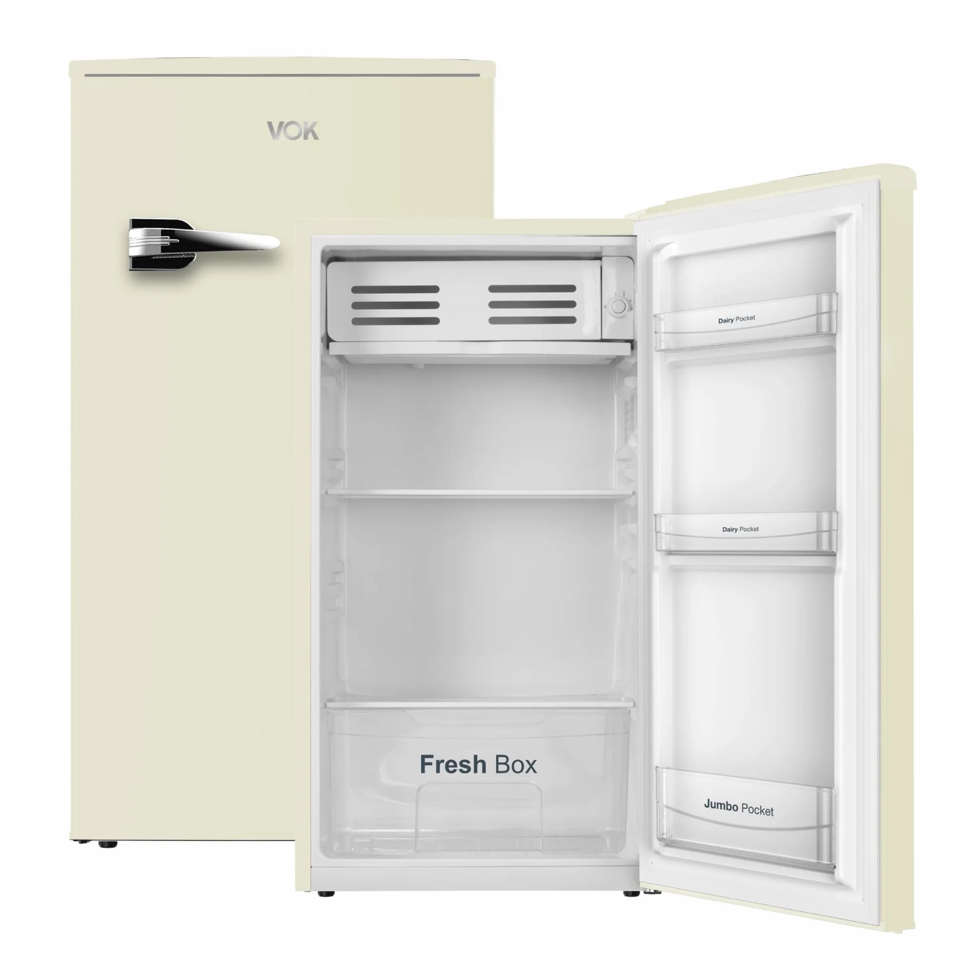 VOK Frigorífico Bajo Encimera de 85 L - Altura 84 cm, Cool Zone, Bajo Nivel Sonoro 39dB, Diseño Retro, Crema