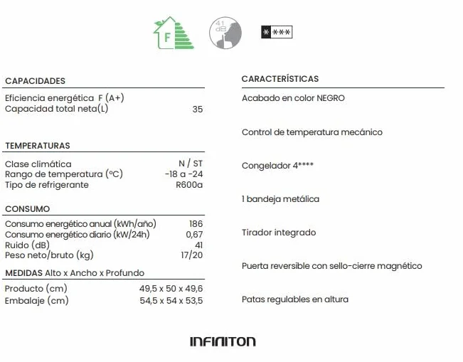 INFINITON Congelador Vertical CV-A52N 50 cm 35 Litros Ciclico Puerta Reversible