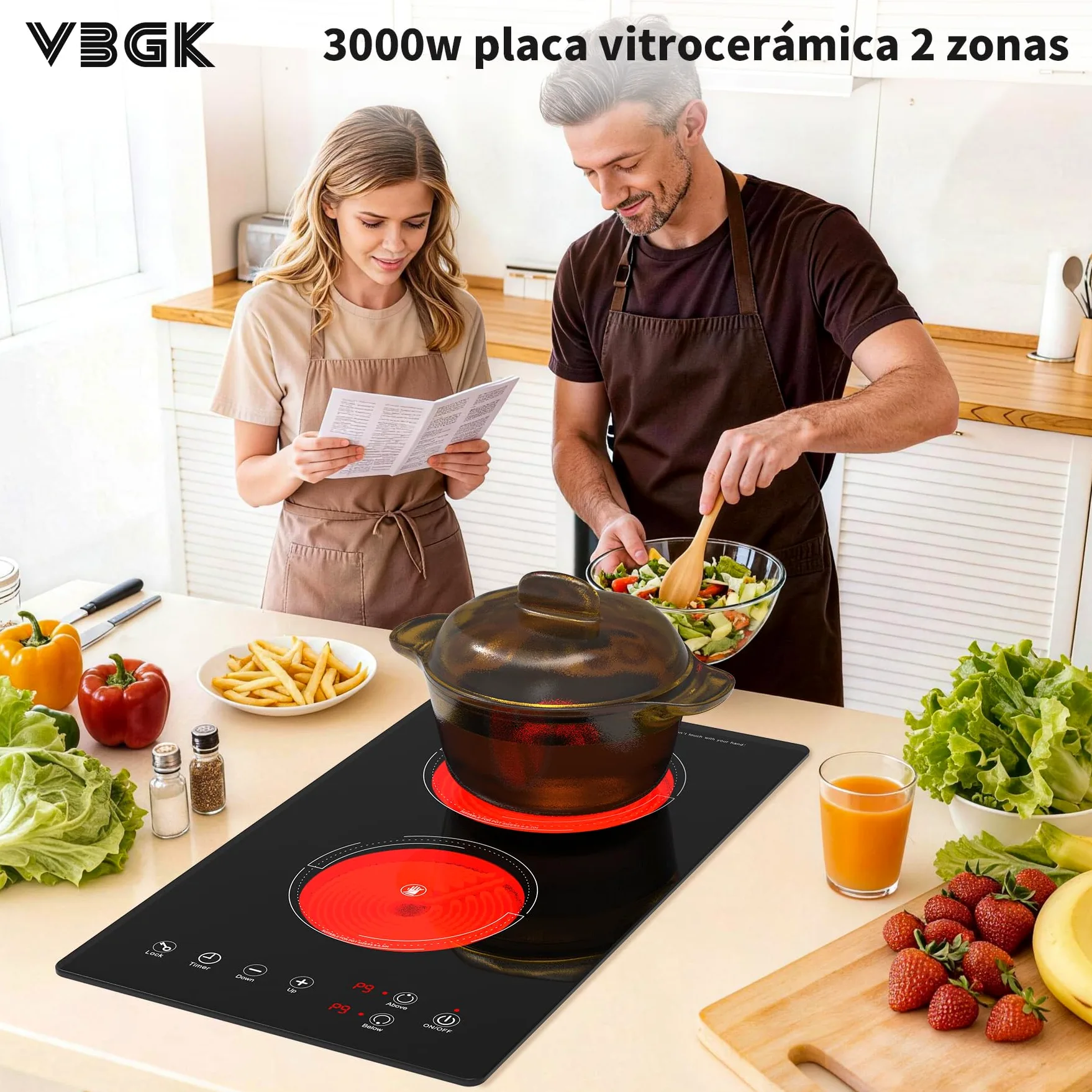 VBGK placa vitroceramica，220V 3000W placa de vitroceramica con control táctil LED, 9 niveles de potencia, bloqueo de seguridad infantil, temporizador de 4 horas y protección contra sobrecalentamiento.