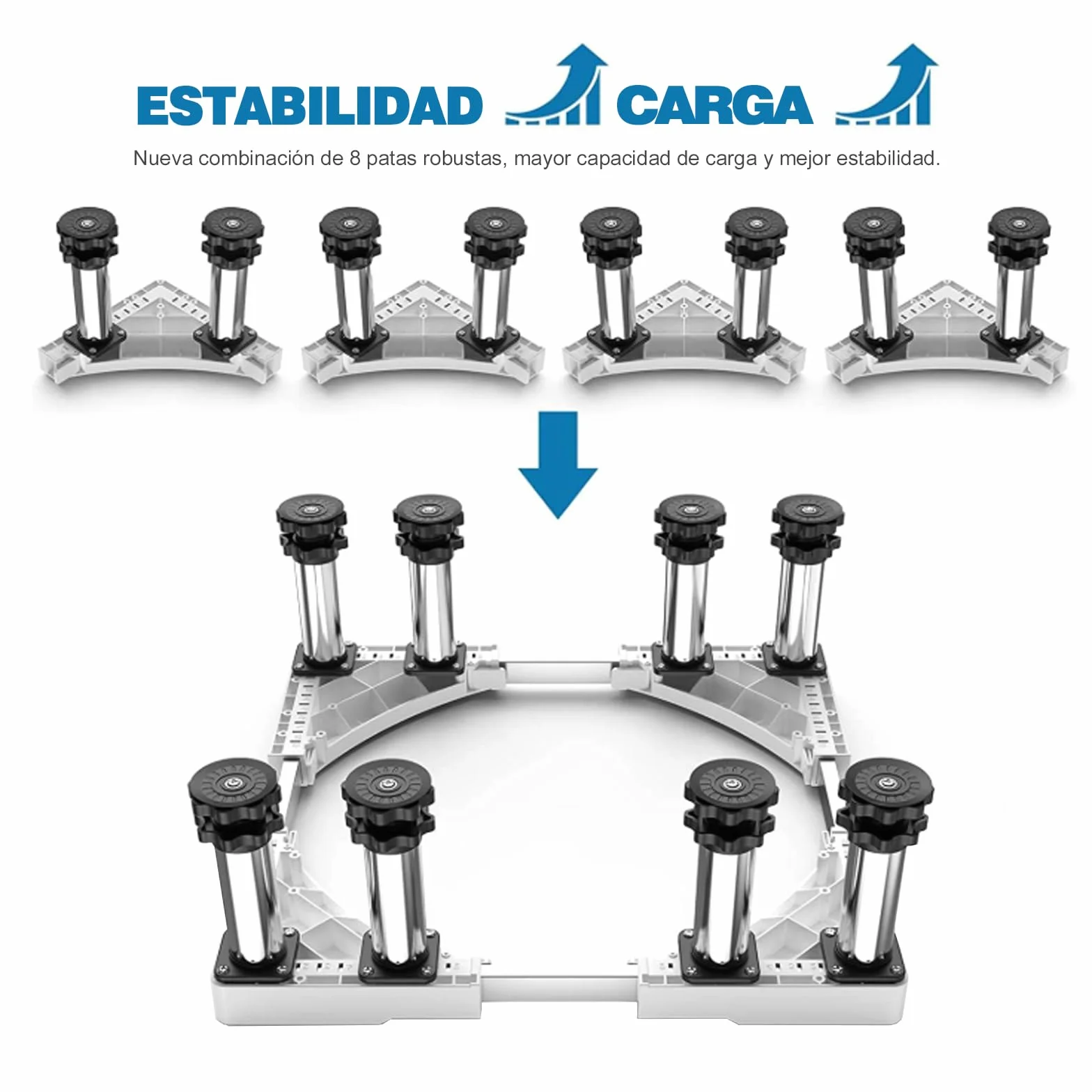 DEWEL Base de la Lavadora de 8 Pies, Carga de 500 kg, Base de la Lavadora del Refrigerador Ajustable, Secadora y Congelador, Longitud Ajustable 43 - 57 cm, Altura 18 - 20 cm, Tubería Cuadrada