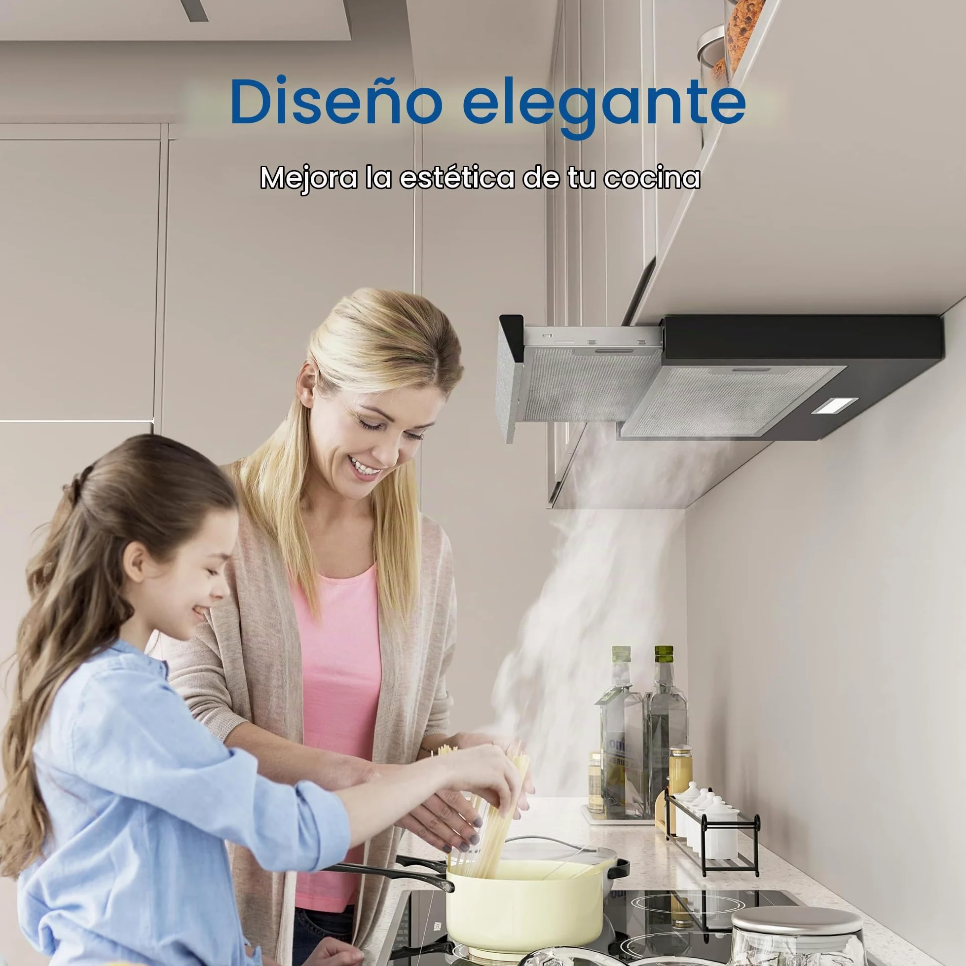 FIREGAS Clase A++ Campana Extractora 60 cm,Telescópica Extractor Cocina con Motor Sin Escobillas,400 m³/h,2 Velocidades,Ruido Bajo,Luces LED, Filtros de Aluminio y Carbón Activo,Negro