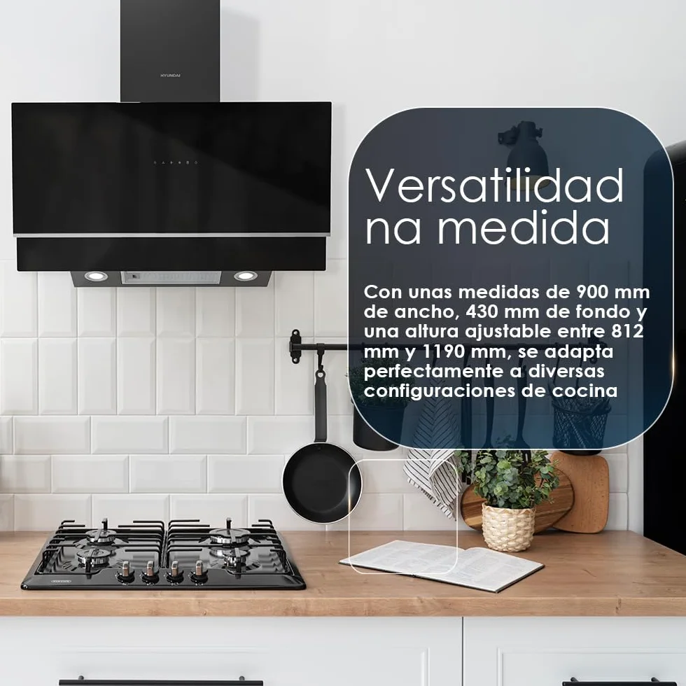 Hyundai Campana Extractora Inclinada 90cm Cristal negro HCPD900AN. Potencia 253m3/h, Tiro Doble, 4 Velocidades, Control Táctil, Filtro apto para Lavavajillas.