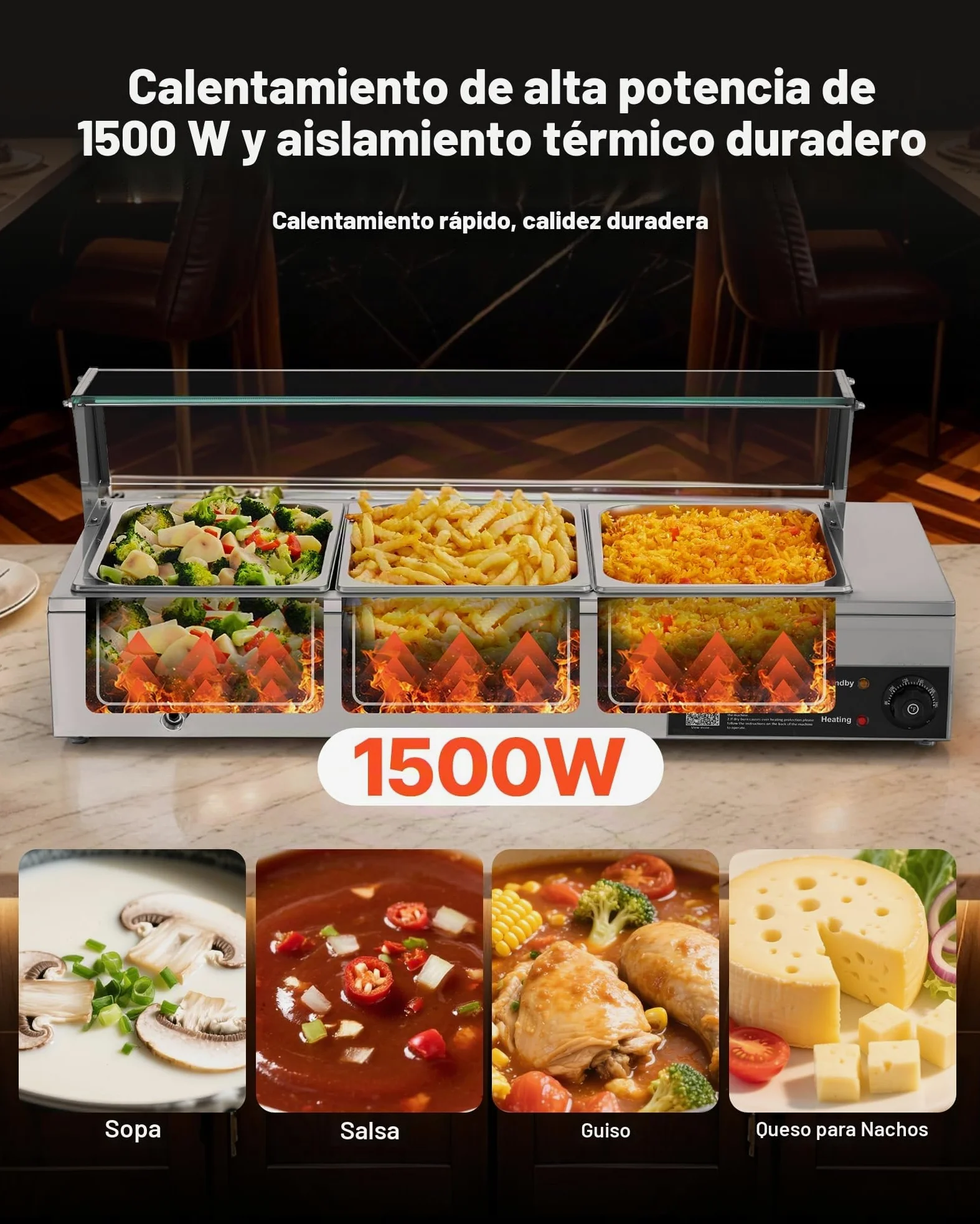 VEVOR Calentador de Alimentos, Tapa de Vidrio y 3 Recipientes,1,5 kW, Acero Inoxidable, Baño María, Estación de Calentamiento de Alimentos para Restaurantes, Fiestas y Buffets, 920 x 365 x 335 mm