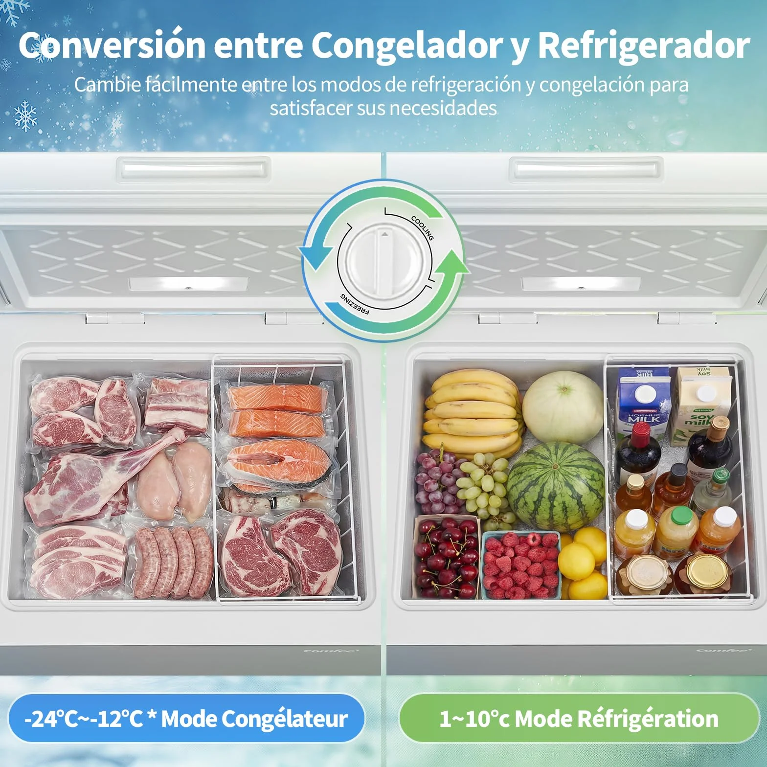 Comfee' Congelador Arcón Independiente 99L, Convertible a Congelador/Refrigerador, Inverter, 4 Estrellas, Blanco