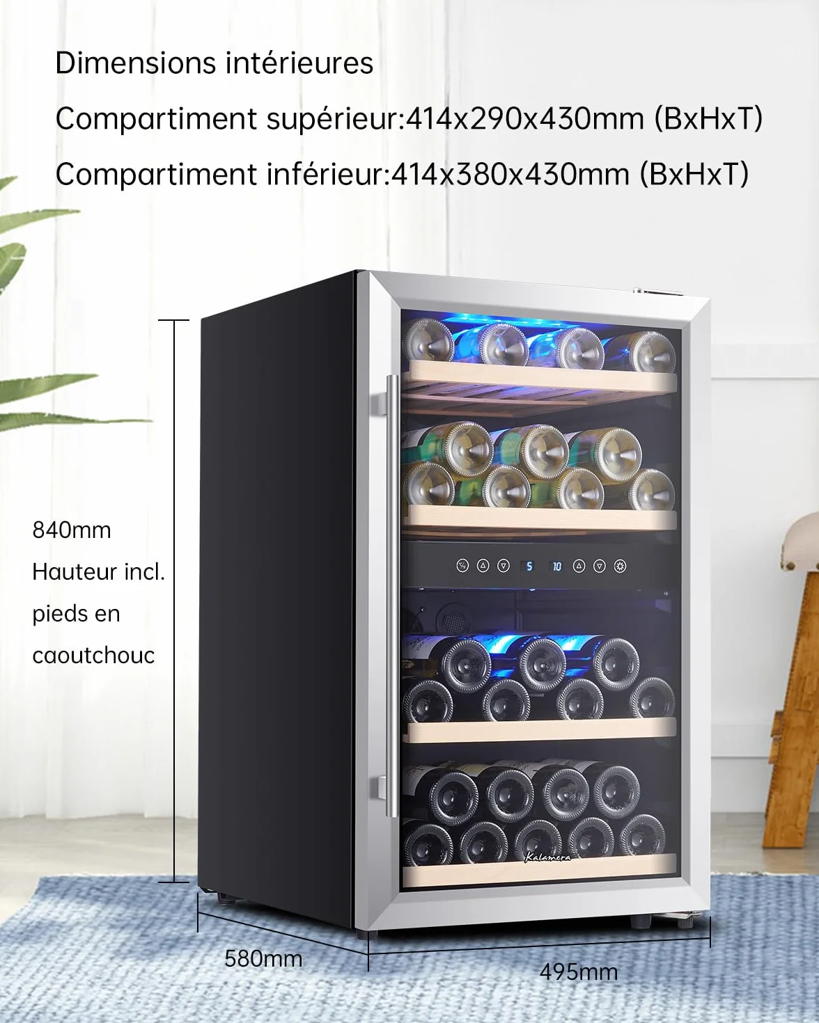 Kalamera KRC-45BSS Vinoteca, dos Zonas Vino temperier Armario, 5 – 10 °C/10 – 18 °C, 45 Botellas,120 L, acero inoxidable Puerta de Cristal, compresor, independiente