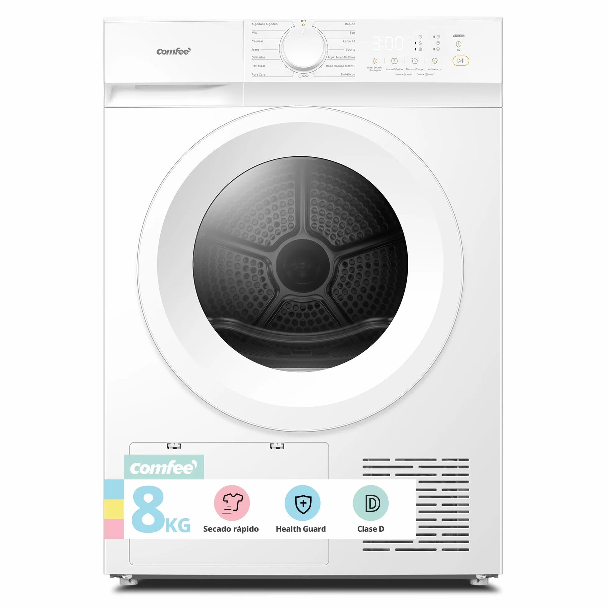 COMFEE' Secadora de Ropa 8 kg, Clase D, Secado rápido, 15 programas, Secado Anti Arrugas, Bomba de Calor, Función de refresco, CD08EHP05W, blanco