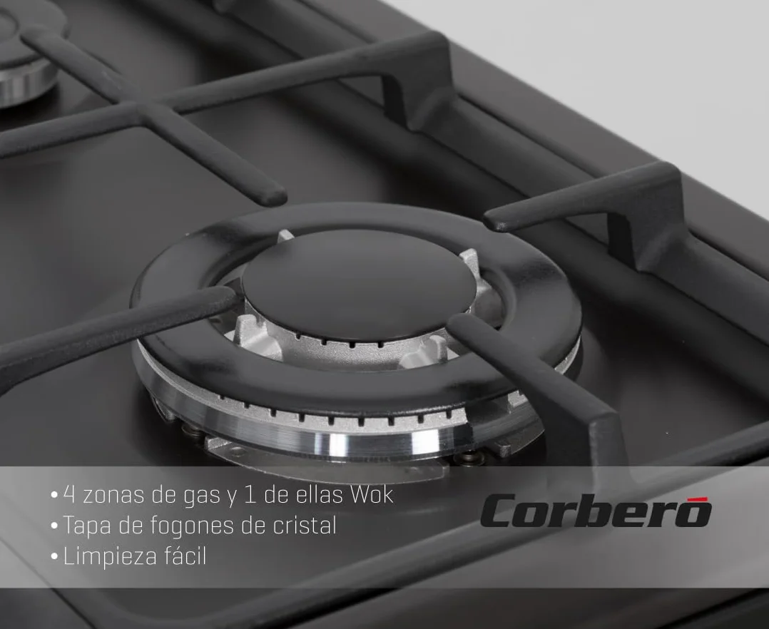 Corberó - Cocina de Gas Butano Excellence 60cm | CCSF6022NR | 4 Fuegos | Horno 55L con puerta triple cristal| Función Ruste pollos | Tapa Fogones Cristal| Wok con Quemado| Negro Rústica