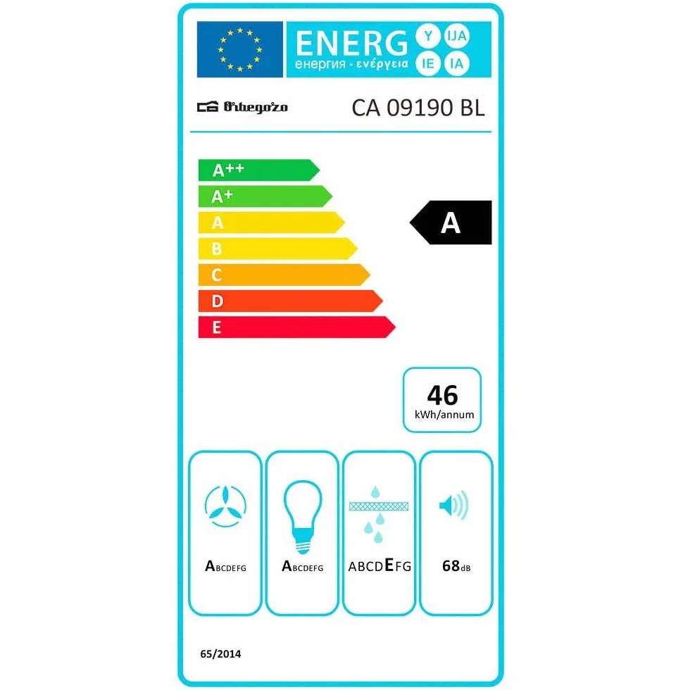 Orbegozo CA 09190 BL - Campana extractora cassette 90 cm, Clase A, frontal cristal templado blanco, extracción 637,1 m3/h, 3 niveles de potencia, iluminación LED