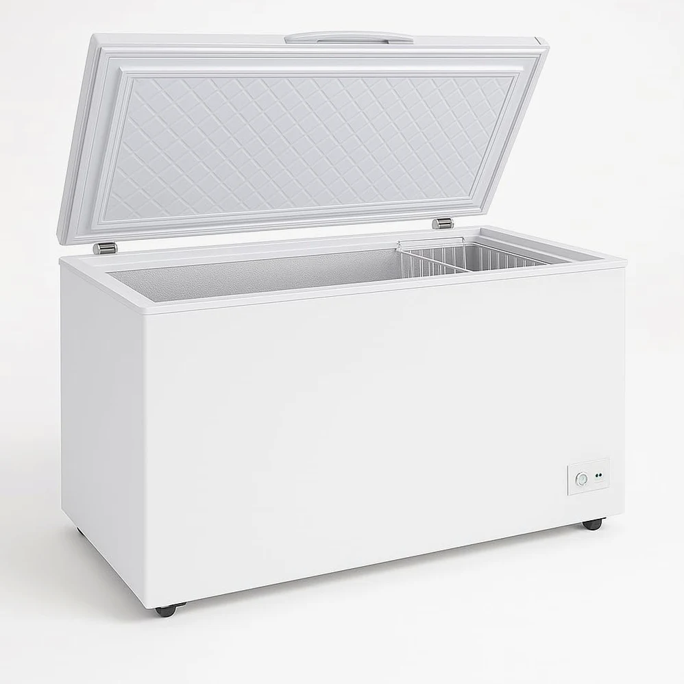 Congelador maletero 550L (488L Net) – Temperatura -18 a -22°C – Puerta completa con cerradura – LED interior – Termostato ajustable – Ruedas y pies ajustables – 230 V – Blanco