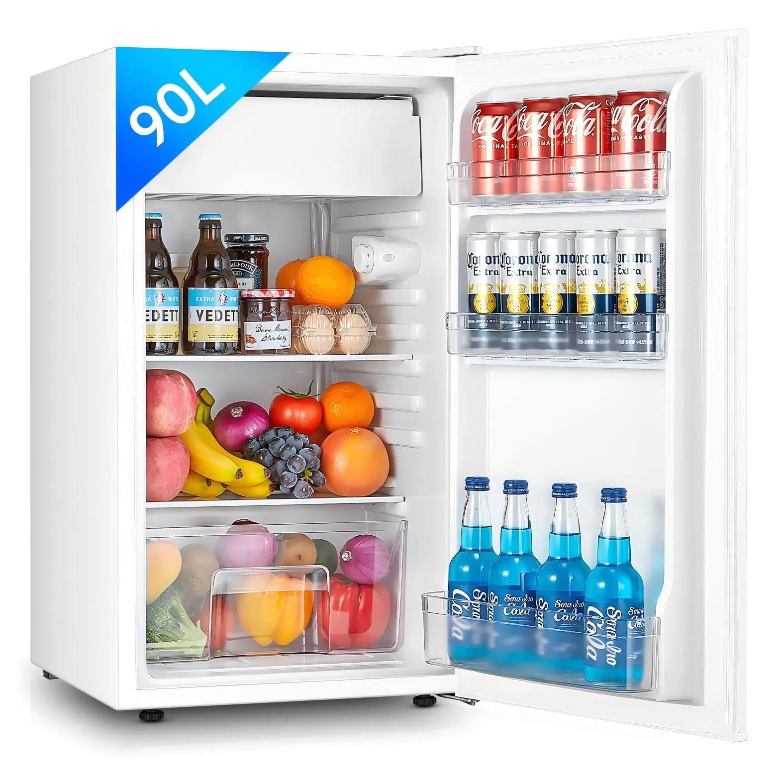 FOHERE Frigorífico con Congelador 90L, Nevera Pequeña Compacta, 7 Temperatura Regulable, 84kWh/año, Eficiencia Energética E, Silencioso, Ideal para Dormitorio, Oficina, Cocina, Caravana y Camping