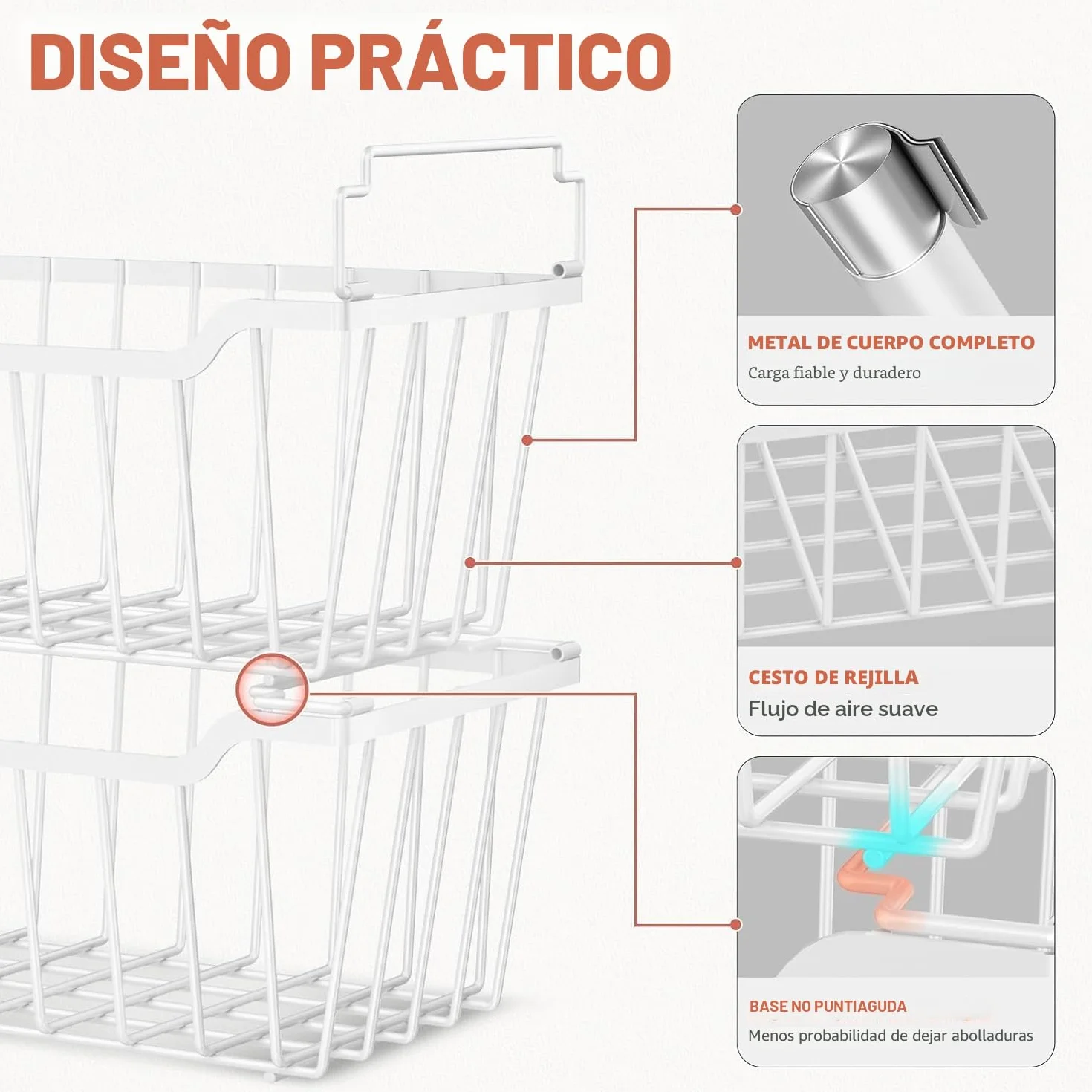 WELDUN Cestas de congelador con asa plegable, paquete de 4 organizadores apilables para congelador pequeño de 198 L, contenedores de almacenamiento de metal con uso de espacio, Blanco