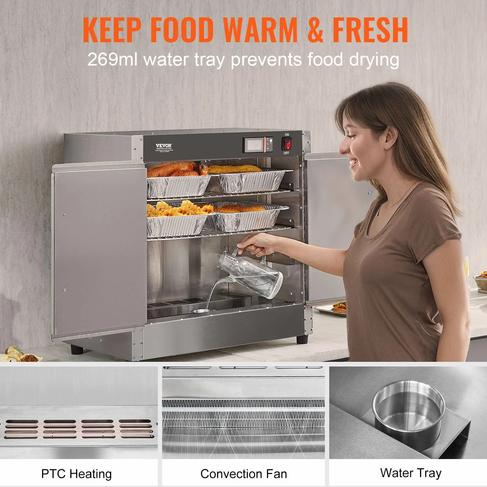 VEVOR Calentador de Alimentos Tipo Caja Caliente, 4 Niveles con Bandeja de Agua, 4 Bandejas, Puerta Doble y Estantes Ajustables, Acero Inoxidable, Ideal para Almacenar Pizza, Pollo, Restaurante, 850 W